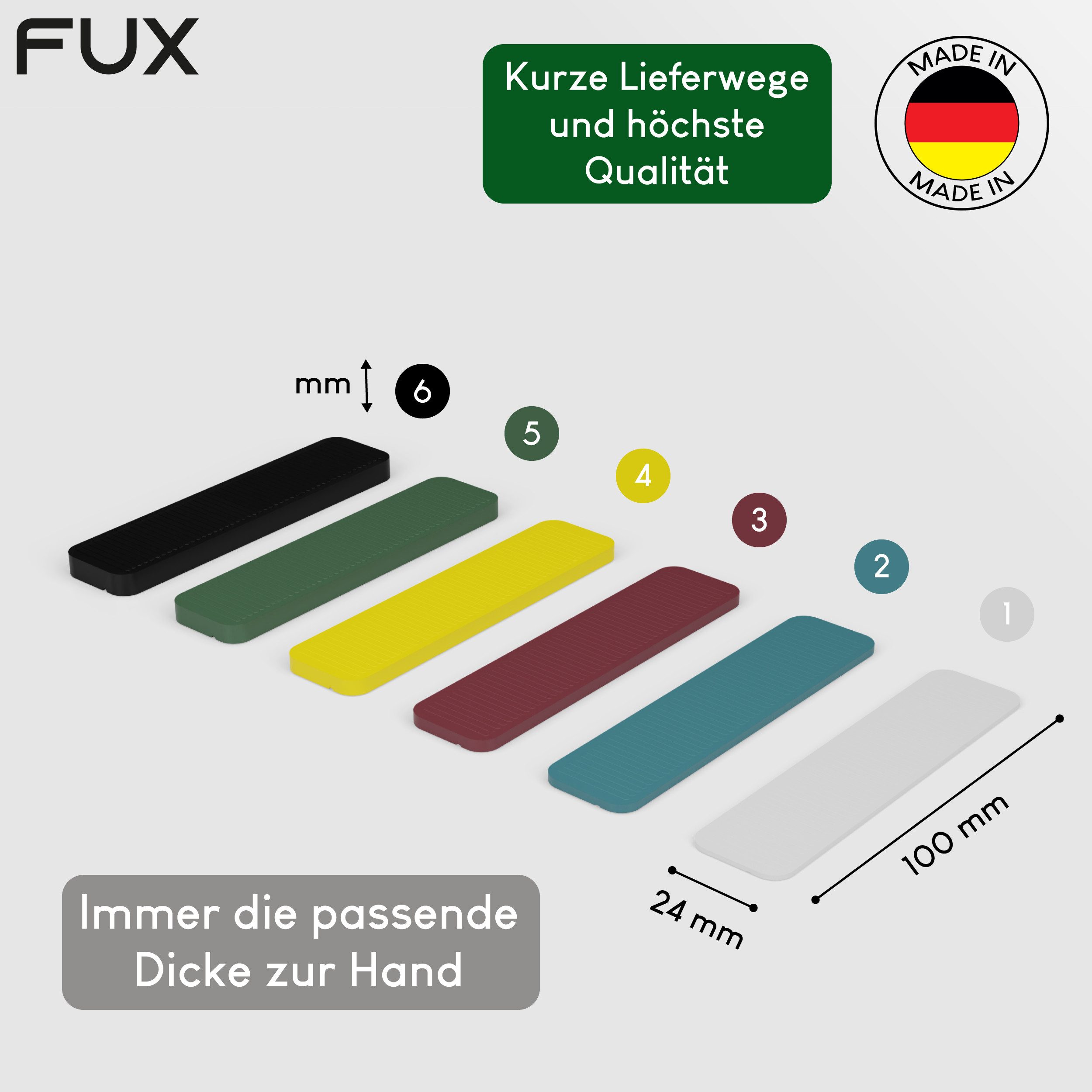 FUX Unterlegplatte Kunststoff Abstandshalter 100x24 1-6mm Made in Germany Distanzklötze, 1-6mm, 1mm, 2mm, 3mm, 4mm, 5mm, 6mm, 100-St., 100 % Recyceltes Material