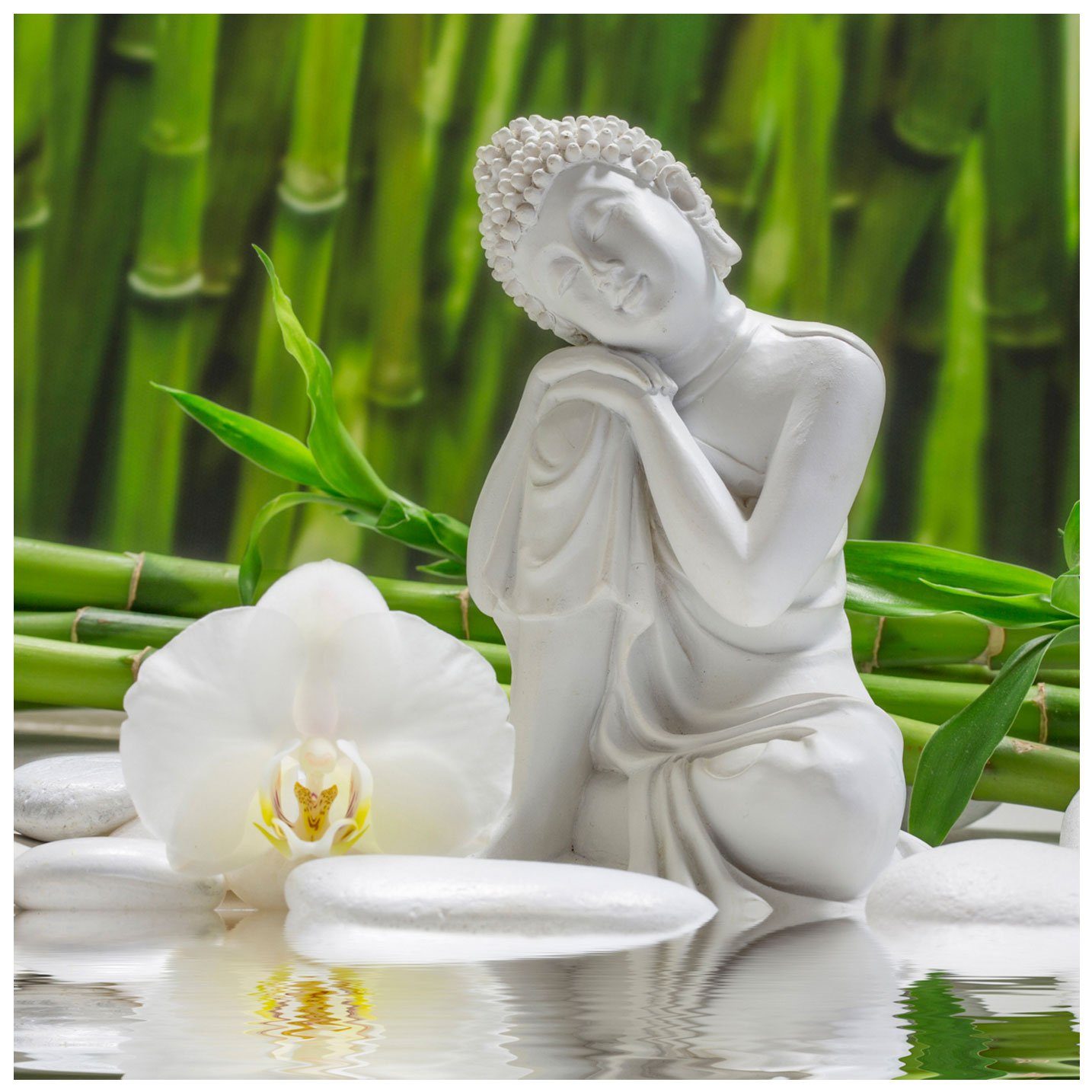 Levandeo® Glasbild, levandeo Glasbild 30x30cm Weiße Orchidee Bambus Buddha Wandbild