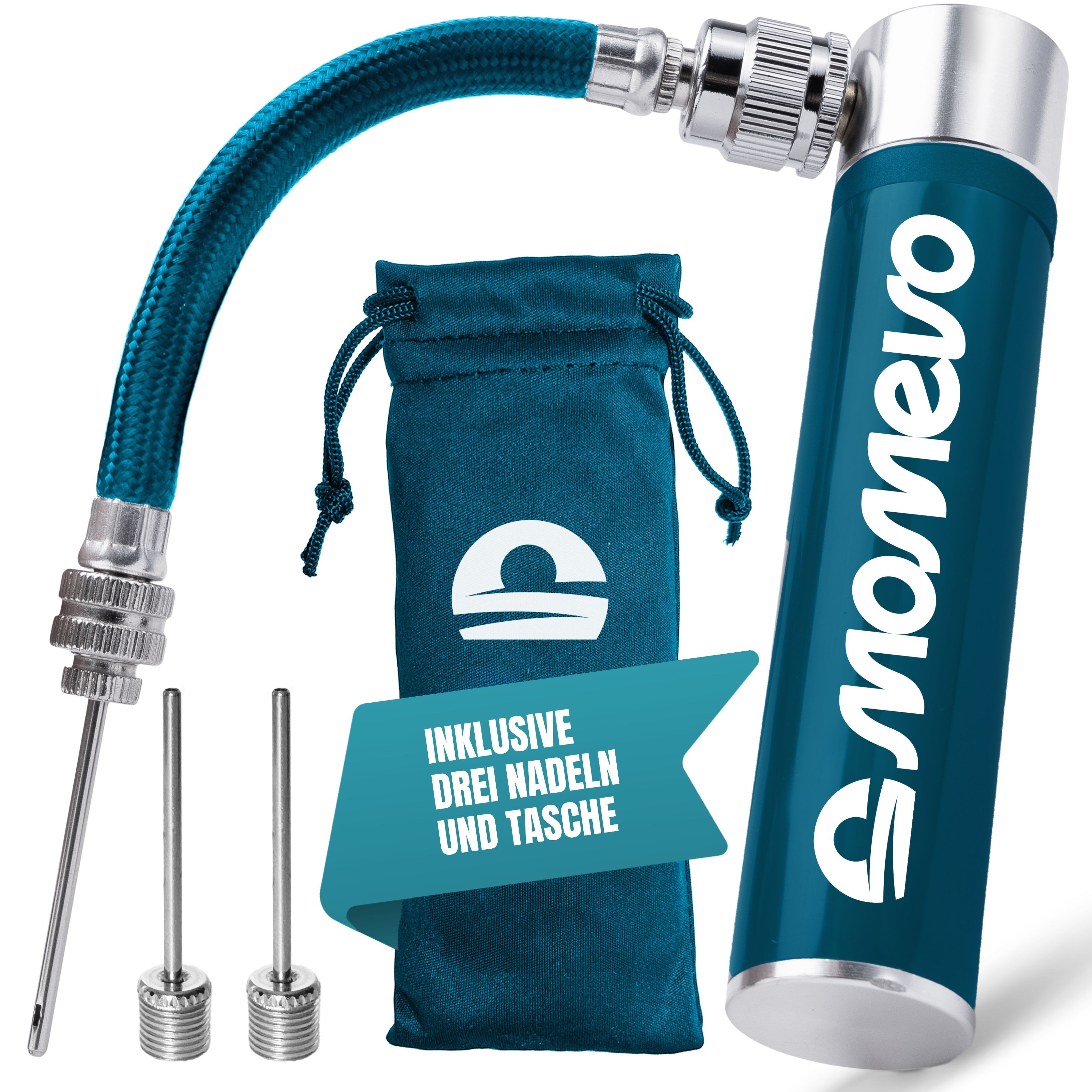 Momevo Handpumpe Kleine Aluminium-Ballpumpe für Fußball, alle Bälle, flexibler Schlauch, inklusive drei Nadeln