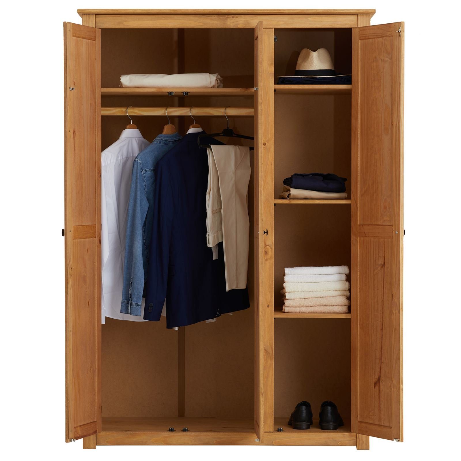 CARO-Möbel Kleiderschrank CANCUN Garderobenschrank aus Kiefer Massivholz mit 3 Türen & Metallgriffe
