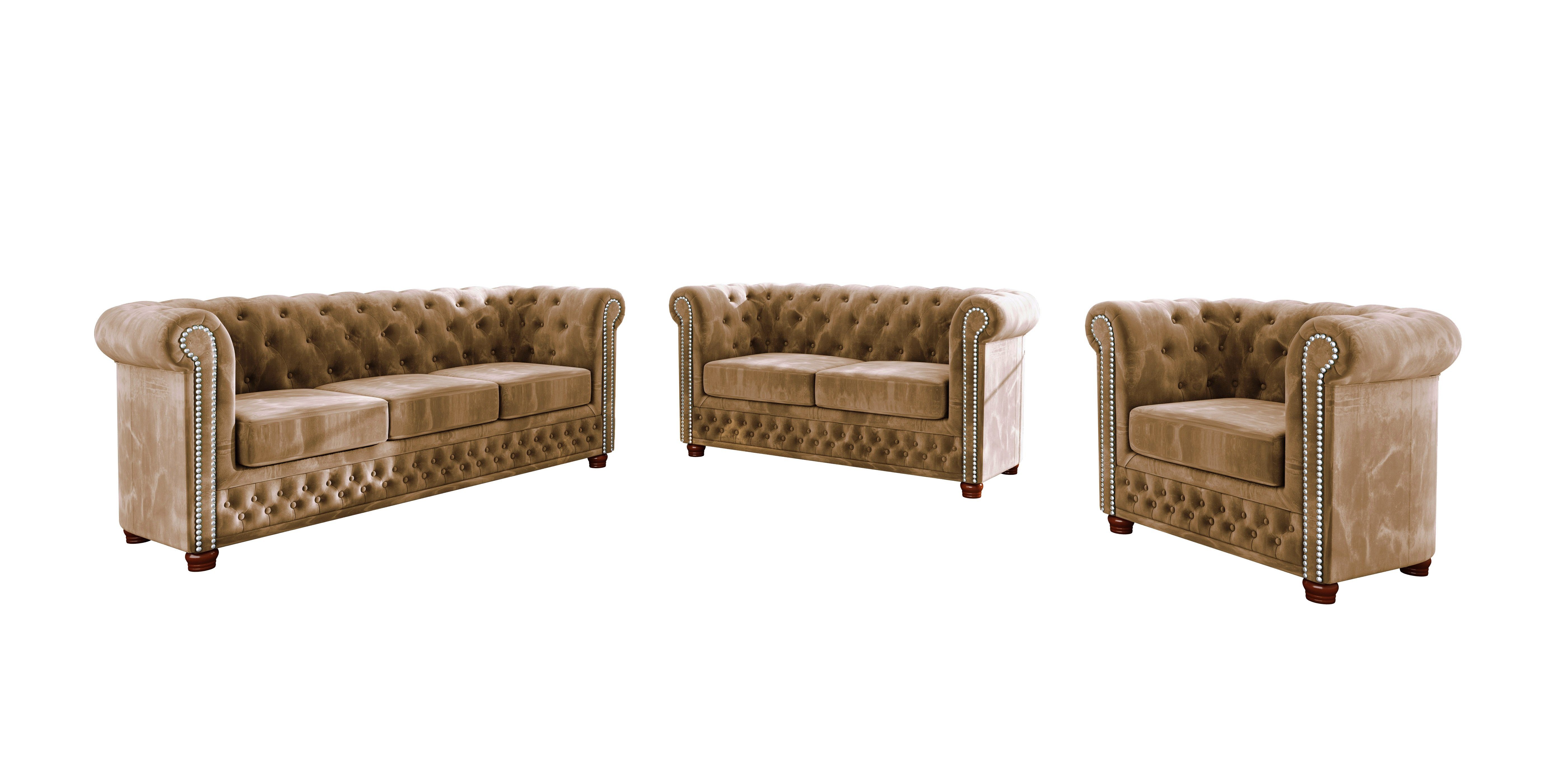 2-Sitzer-Sofa, Leeds Polstergarnitur Beige Chesterfield 1x mit 3-Sitzer-Sofa, Sessel), Wellenfederung (1x 1x Möbel 3+2+1, S-Style