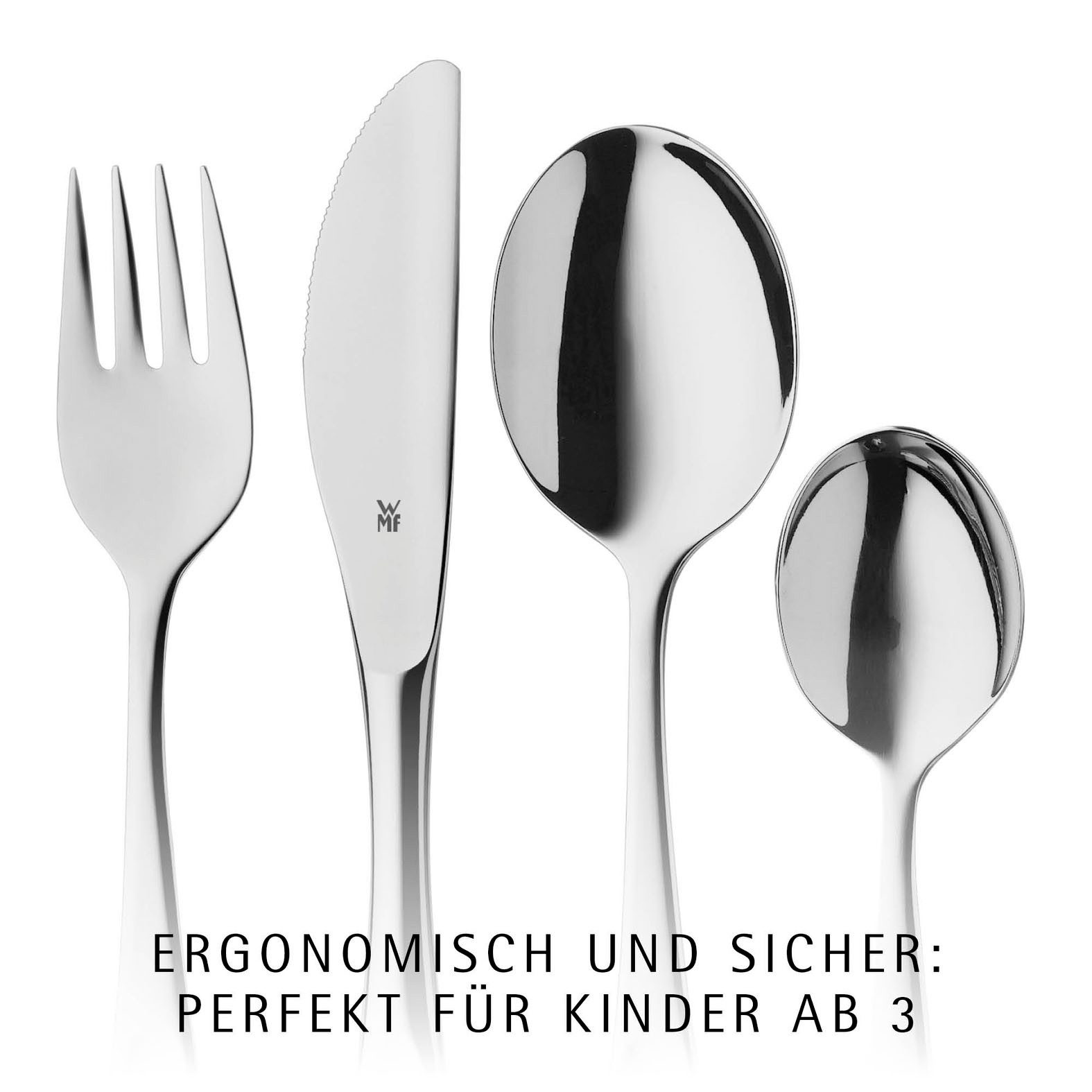 WMF Kinderbesteck Tiere (4-tlg), 1 Personen, Cromargan® Edelstahl Rostfrei 18/10, Kindermesser mit leichtem Wellenschliff