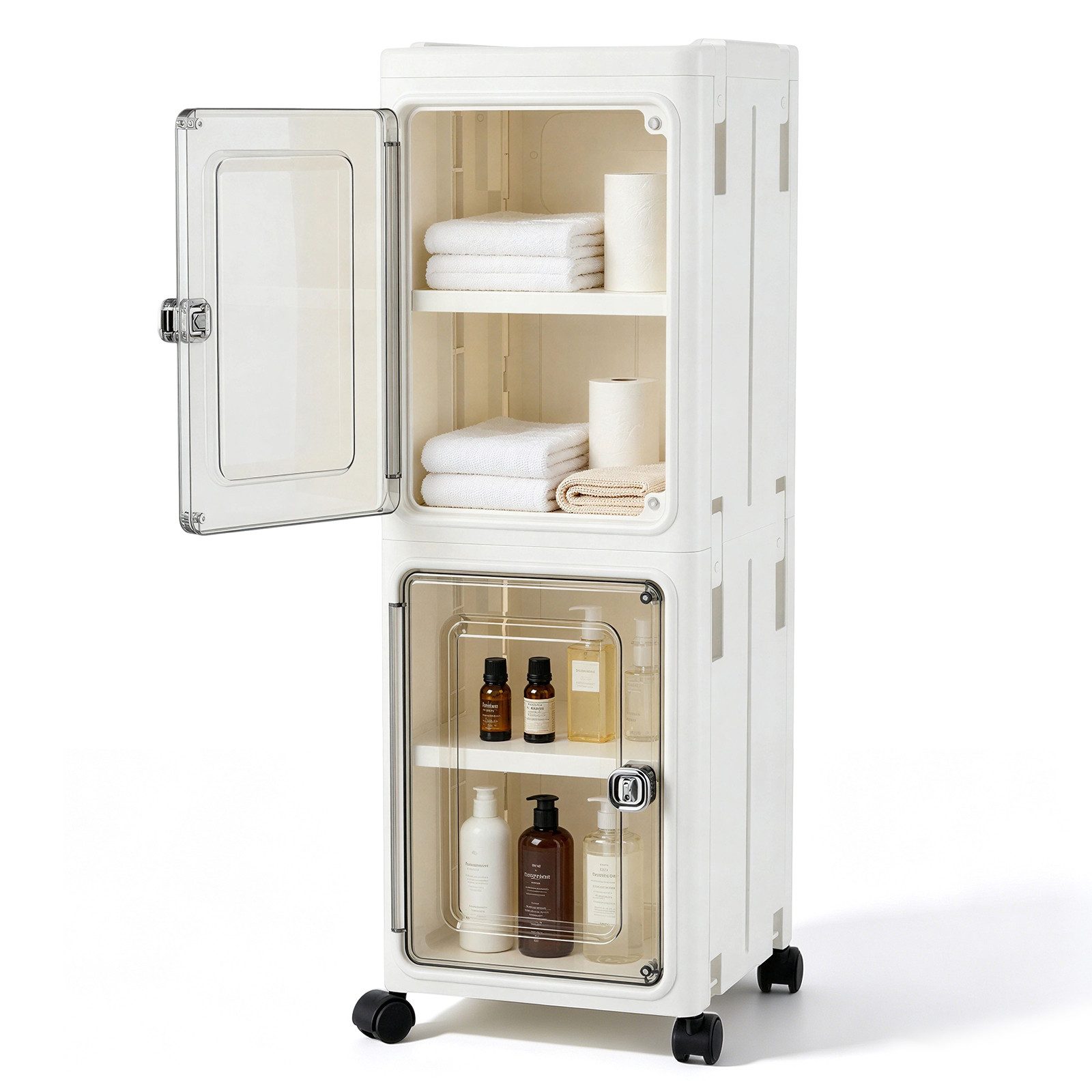 BlingBin Aufbewahrungsbox Stapelbox mit Tür und Rollen, 4‑2 Ebenen schmaler Badezimmerschrank (2er Set, 2 St., 22B x 25T x 67H cm), 22 x 25 x 67 cm, Organizer mit Deckel für Badezimmer