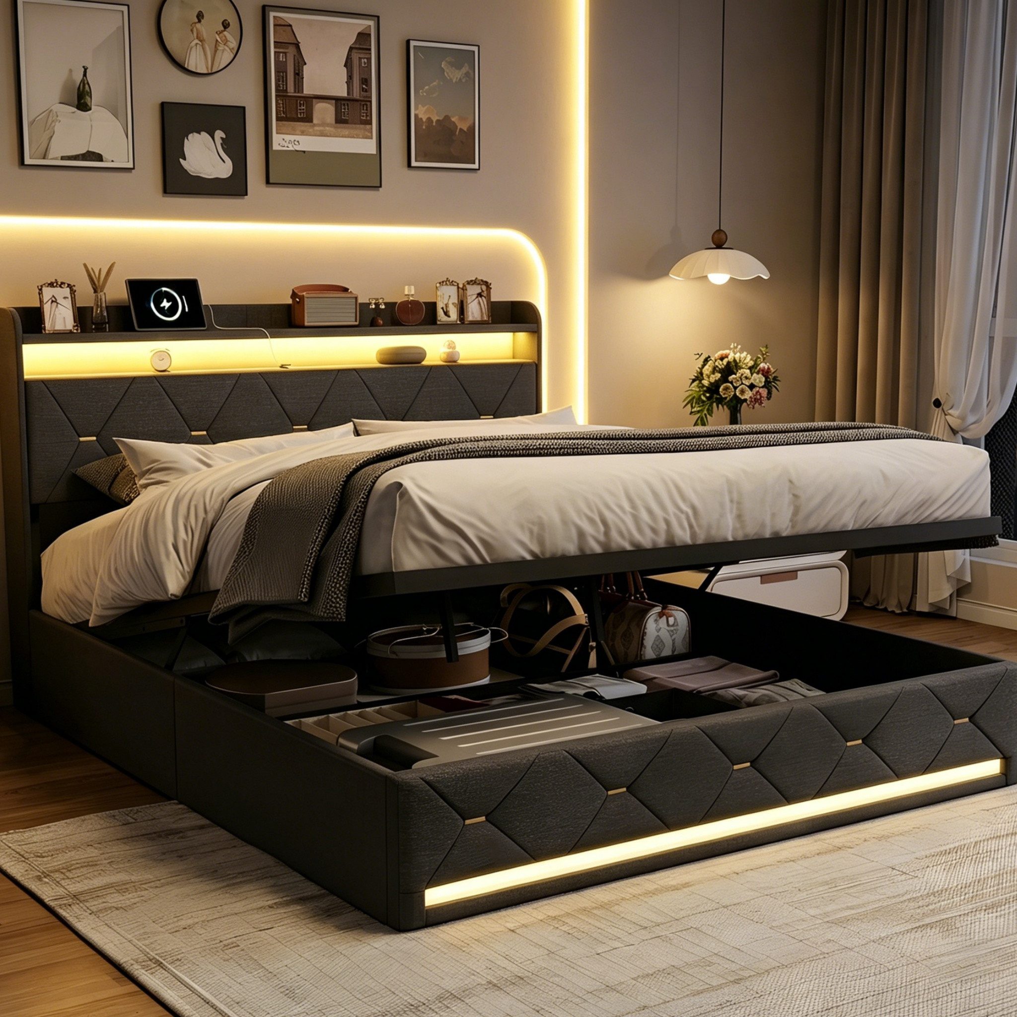 PXloue Polsterbett LED Doppelbett, Bettkasten, Ladefunktion, Leinen, 160x200 cm