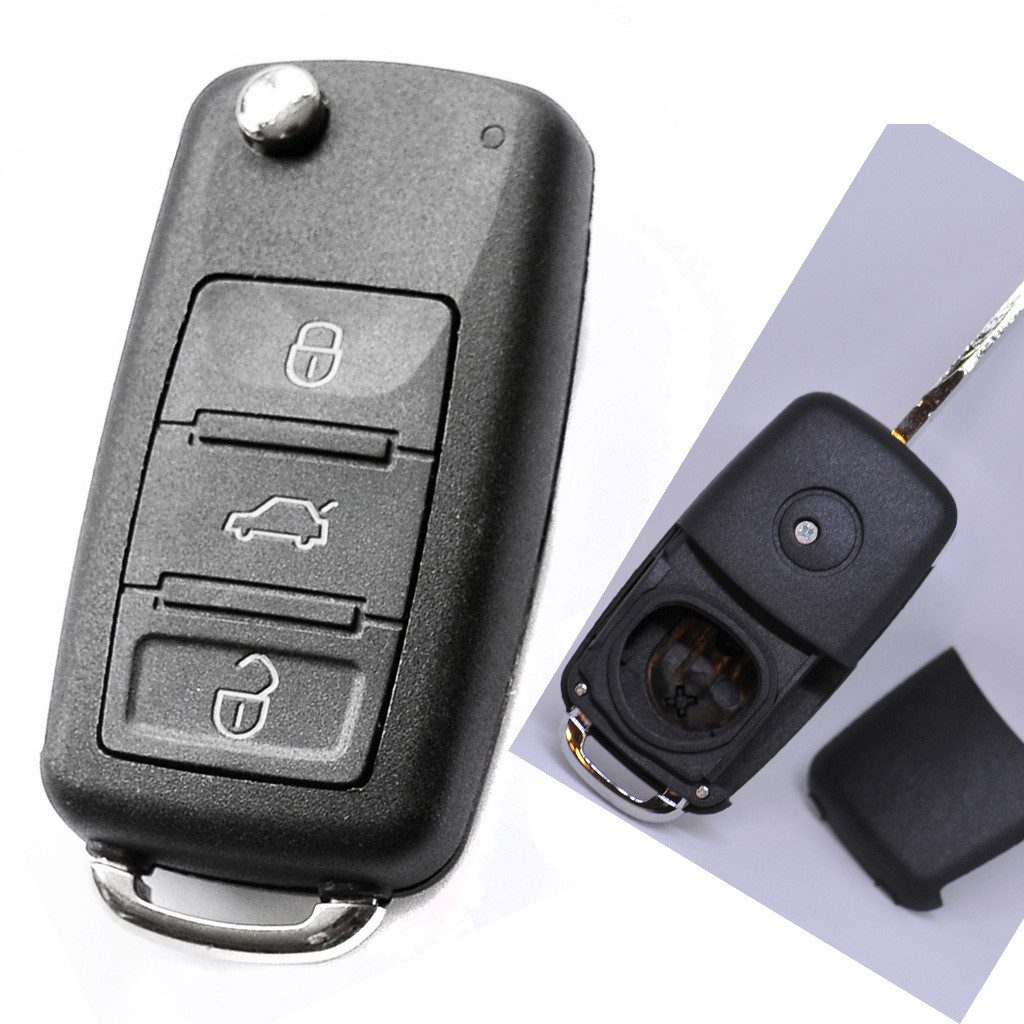 mt-key Auto Klapp Schlüssel Reparatur Gehäuse 3 Tasten + 1x passende CR2032 Knopfzelle, CR2032 (3 V), für VW TUAREG 7L Phaeton Audi A8 D3 Funk Fernbedienung