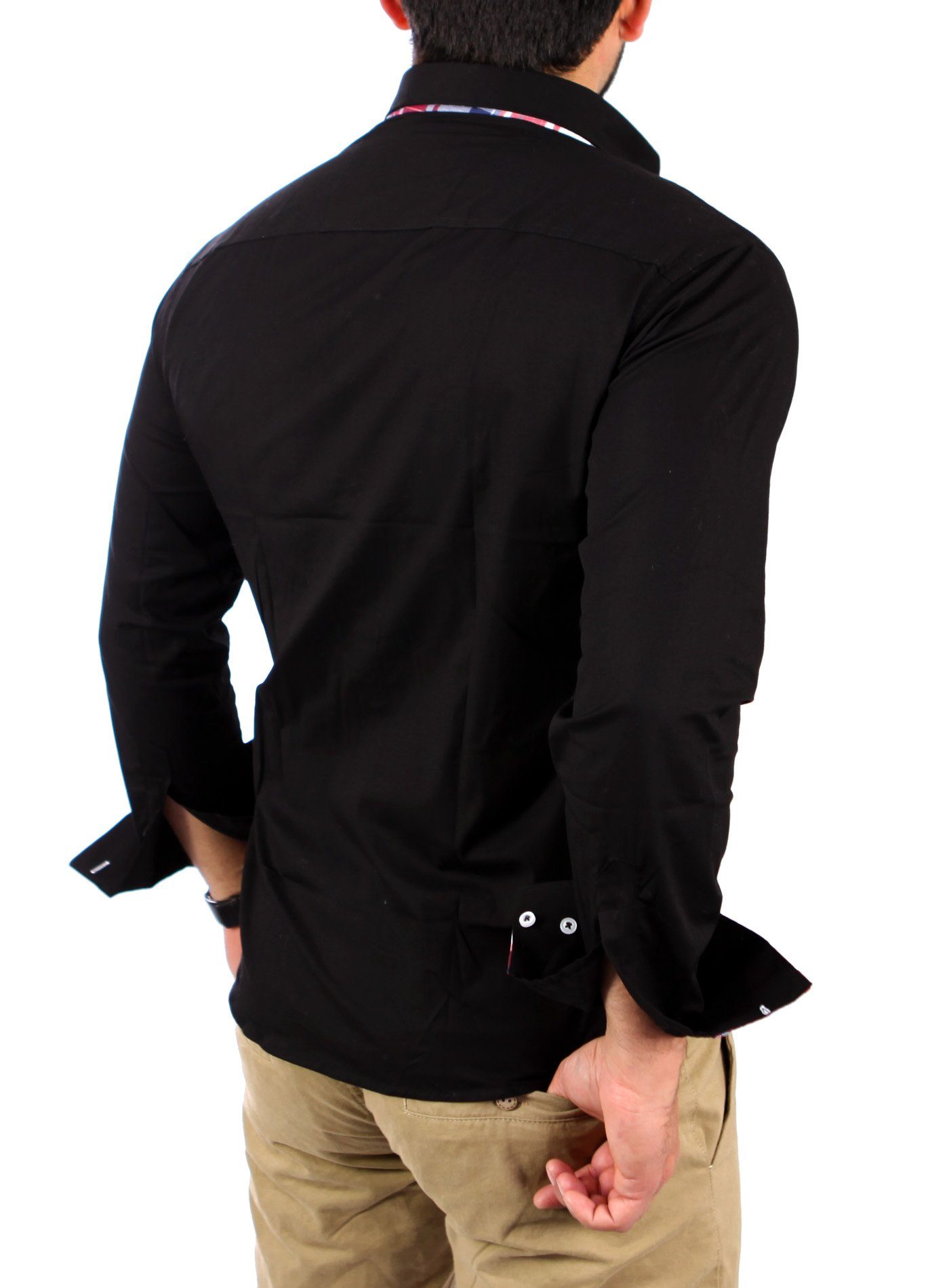 Reslad Langarmhemd Reslad Herren Hemd Button-Down Slim Fit Kontrast Langarmhemd RS-7015 (3-tlg., Hemd) Doppelkragen Kontrast Karo Muster Hemden