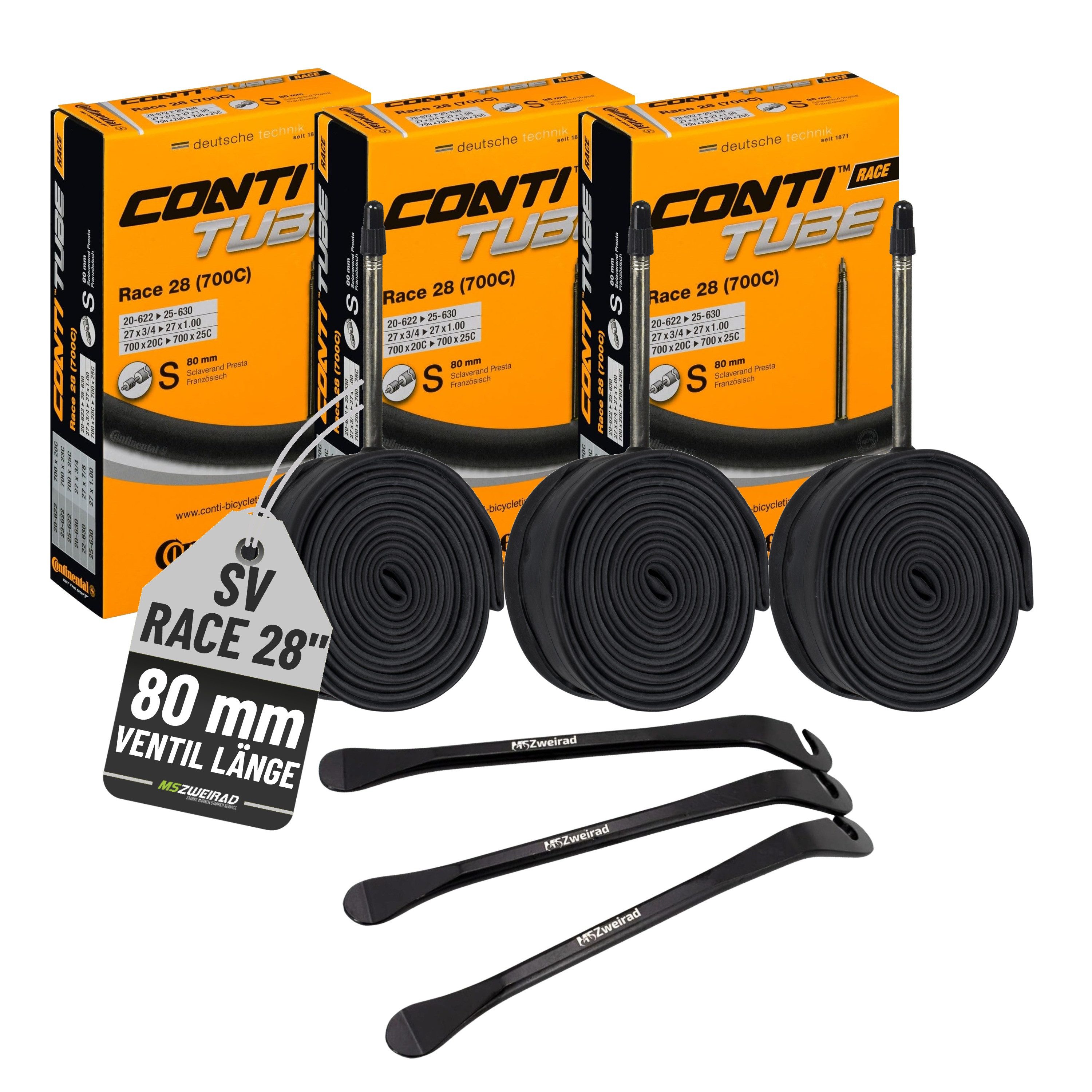 Fahrradschlauch 3x Conti Schlauch Race 28 Zoll 20/25-622/630 (SV80) + Reifenheber