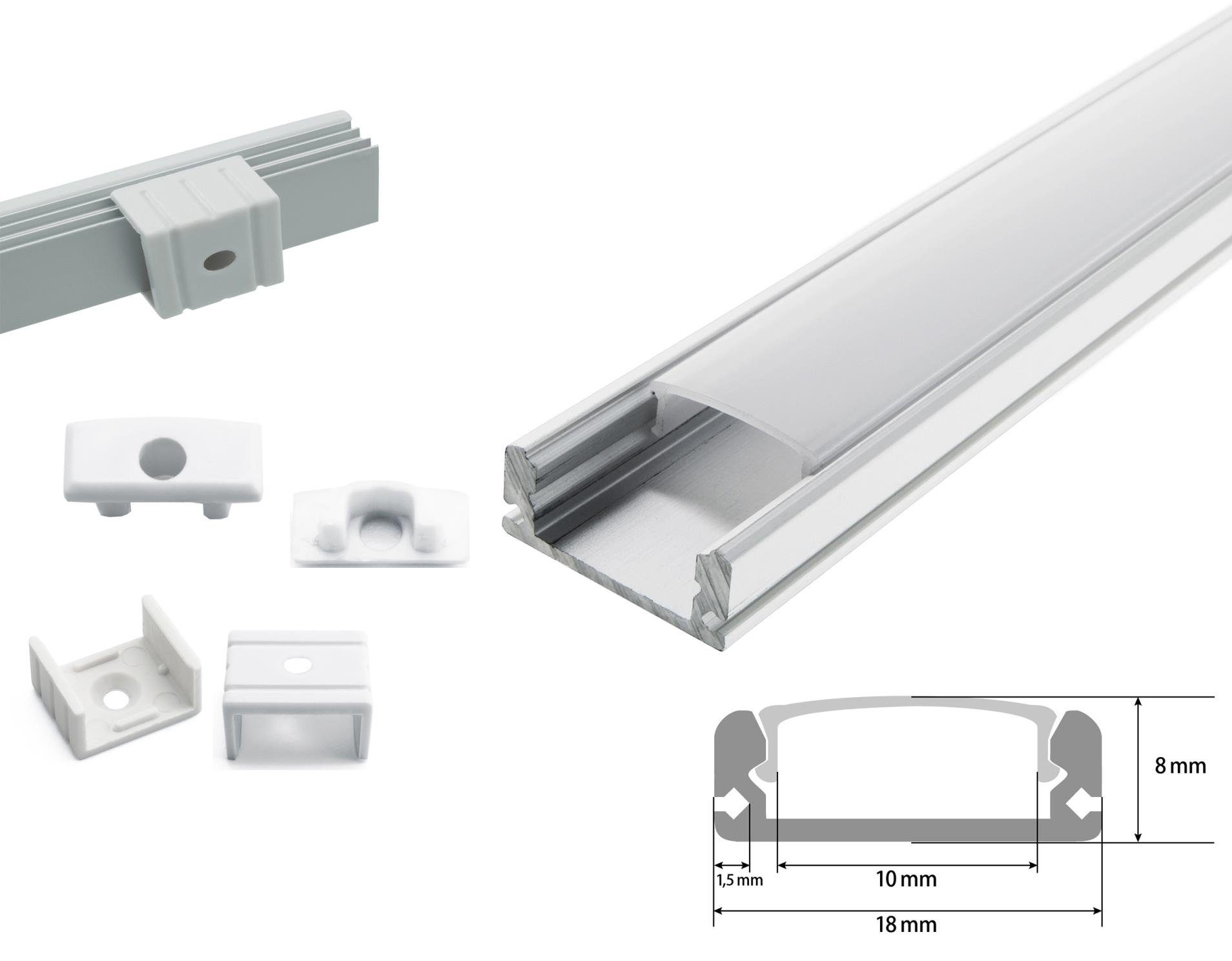 ENERGMiX LED-Stripe-Profil 2 Meter Alu Profile Alu Schiene Profil mit Milchglas Abdeckung Kanal, Profil Kanal LED Leiste 200cm inkl. Clips und Endkappen – Bild 5 von 5