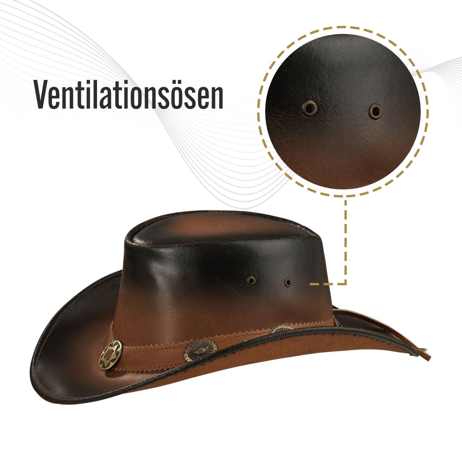 BLACK FOREST FOX Cowboyhut Cowboy Western Leder Hut STAR für Herren Damen in 2 Farben Terra Brown Größe S