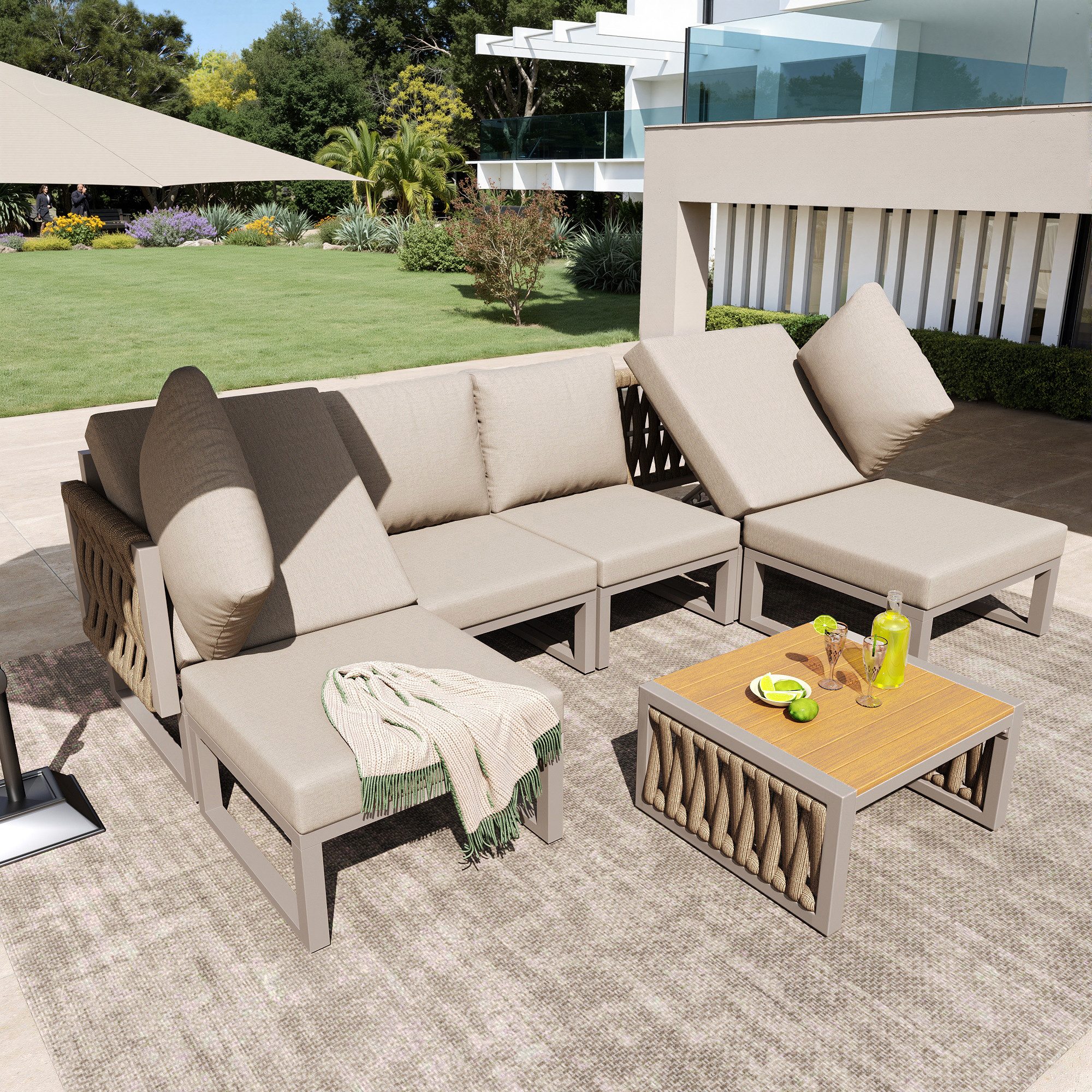 Merax Gartenlounge-Set mit 5-Fach verstellbarer Rückenlehne & wetterfeste Tischplatte, (6-tlg), Gartenmöbel Set für 6 Personen,Doppelliege Loungesessel mit Couchtisch