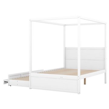 Ulife Himmelbett Funktionsbett,Massivholzbett,Ausziehhare Liegeffäche,Stauraumbett, zwei Schubladen, 140 x 200cm