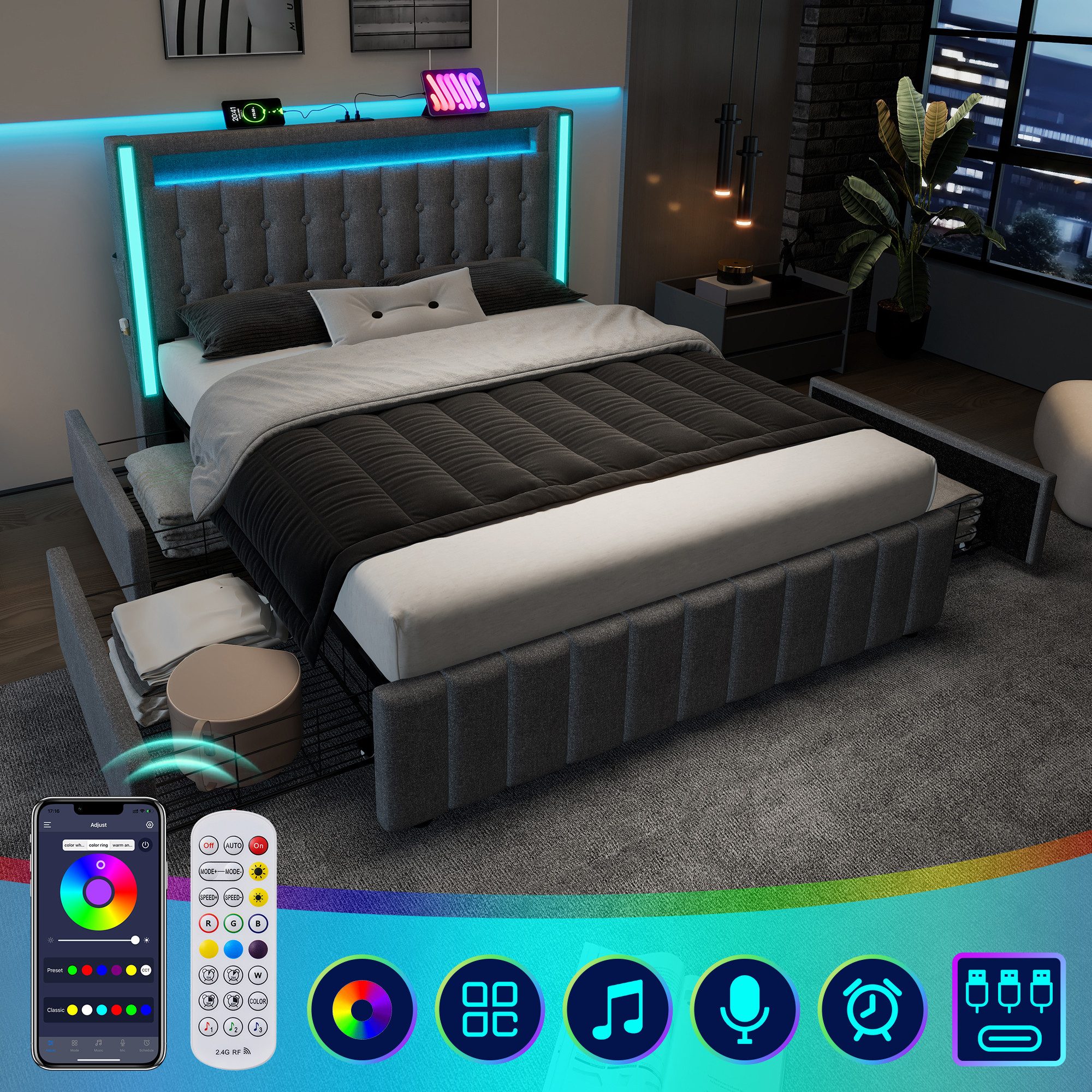 MODFU Polsterbett mit LED Beleuchtung und günstig online kaufen