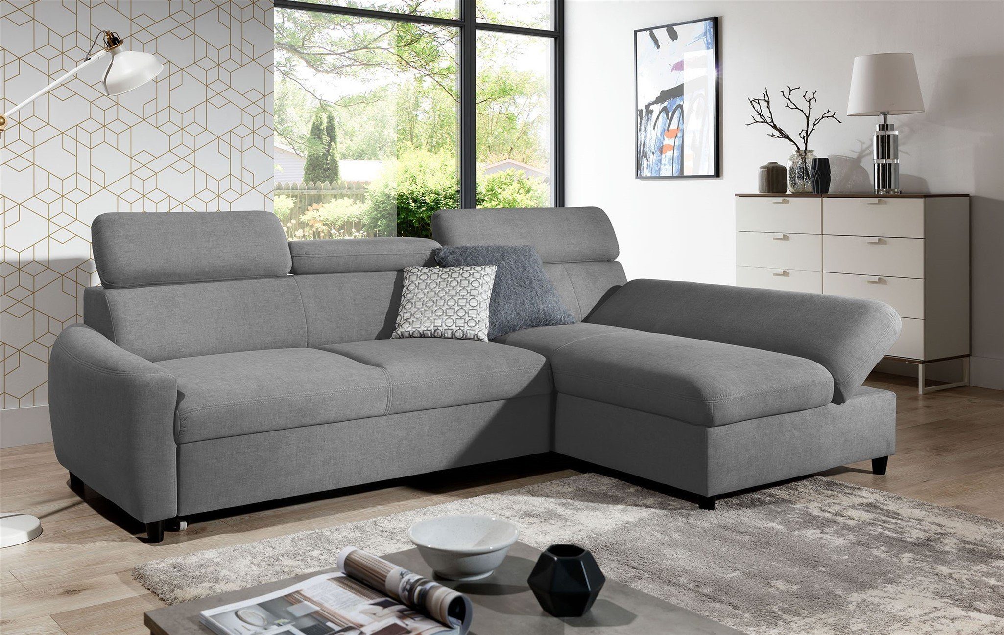 Stoff Sofa Grau Rundumbezug Fun Ecksofa Esito, Schlafsofa ANTON Inkl. Möbel Bettkasten, in XS