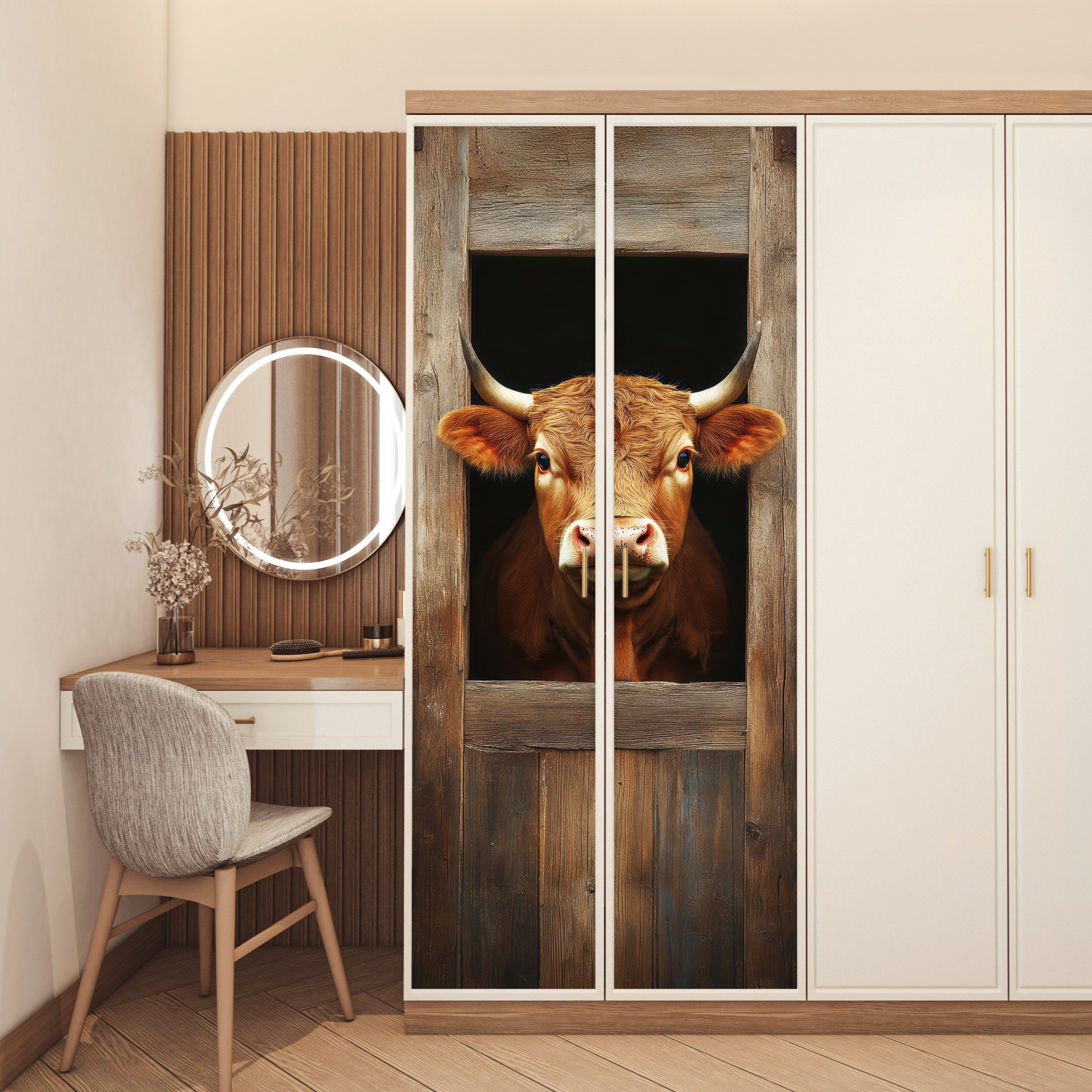 MuchoWow Türtapete Kuh - Fenster - Holz - Tiere, Matt, bedruckt, (1 St), Selbstklebende Tapete, Folie für Möbel, 70x215 cm – Bild 5 von 5