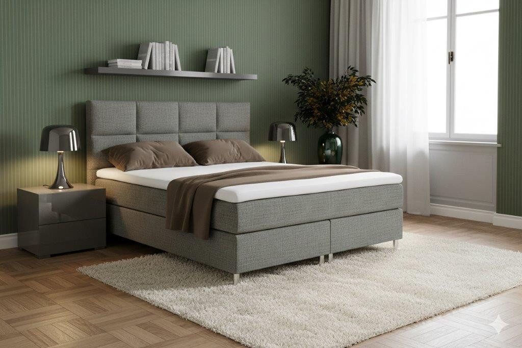 inter Boxspringbett Miami Webstoff mit 7-Zonen Taschenfederkernmatratze und Topper (140x200 cm, Grau mit 7 Zonen Taschenfederkernmatratze und Topper), Taschenfederkern-Komfort, gepolstertes Kopfteil, inklusive Matratze