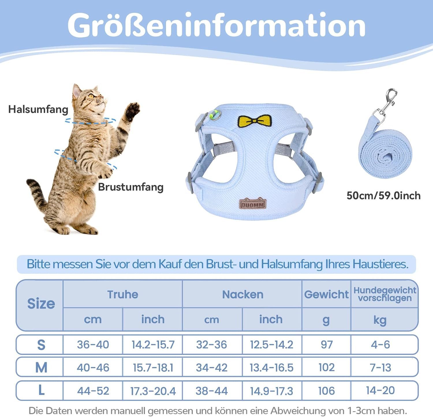 FELIXLEO Katzen-Halsband Katzenleine Set Polyester verstellbar Geschirr mit Leine Blau S