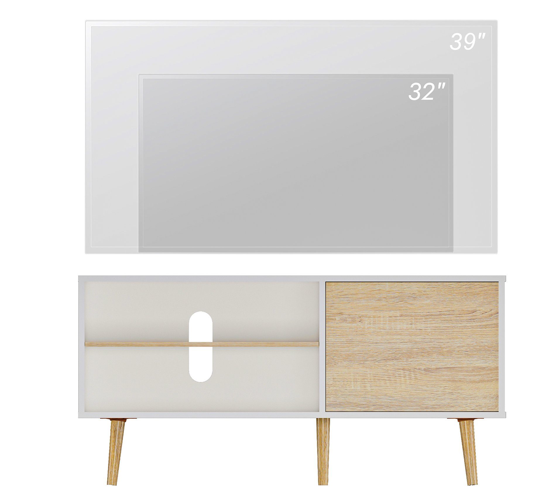 und Lowboard Türen Eiche) und Regal TV Weiß Design TV-Schrank (Skandinavisch mit Verstellbare WAMPAT