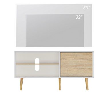 WAMPAT TV-Schrank (Skandinavisch Design TV Lowboard Weiß und Eiche) mit Türen und Verstellbare Regal
