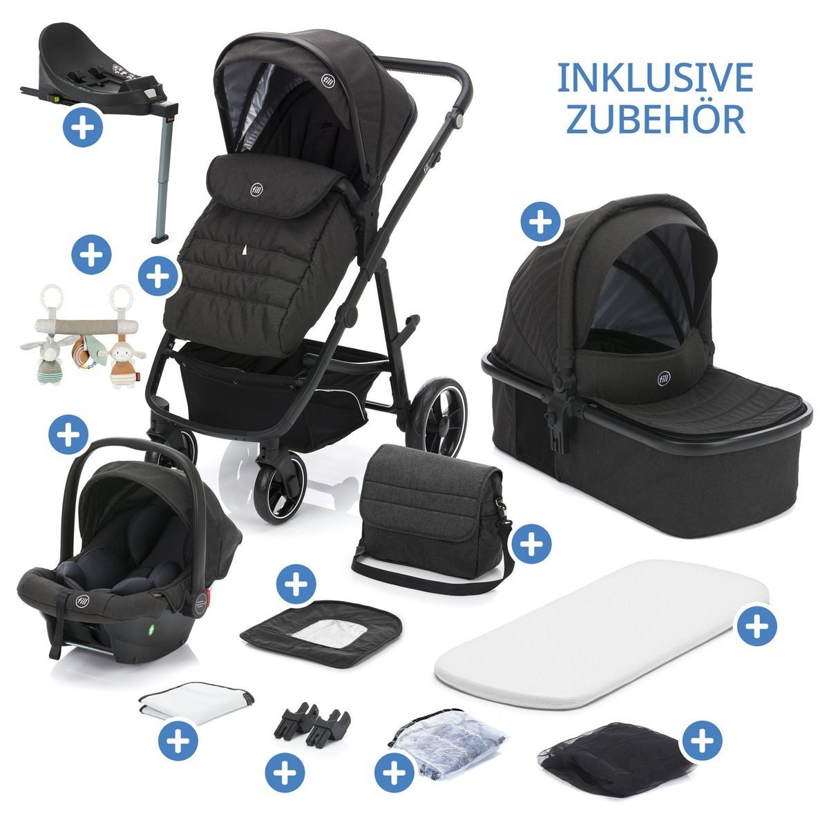 Fillikid Kombi-Kinderwagen Fill Jaguar - Dunkelgrau Melange, 3in1 Kinderwagen mit Babyschale, Babywanne, Sportsitz & Isofix-Basis