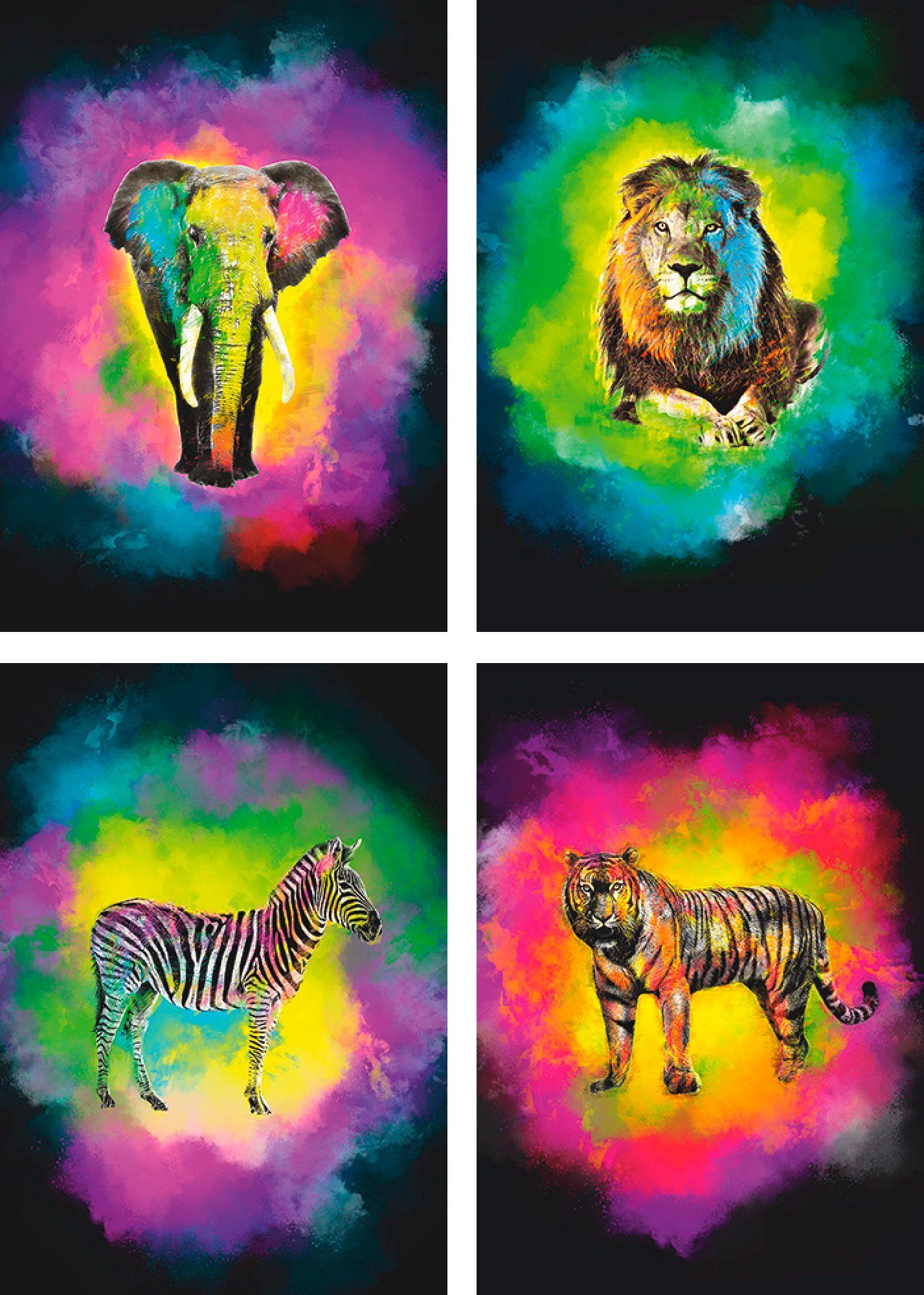 Löwe (4 Zebra Wandbild, Elefant Artland Poster Bild, Farbexplosion Tiger, St), Wildtiere Poster, Wandposter