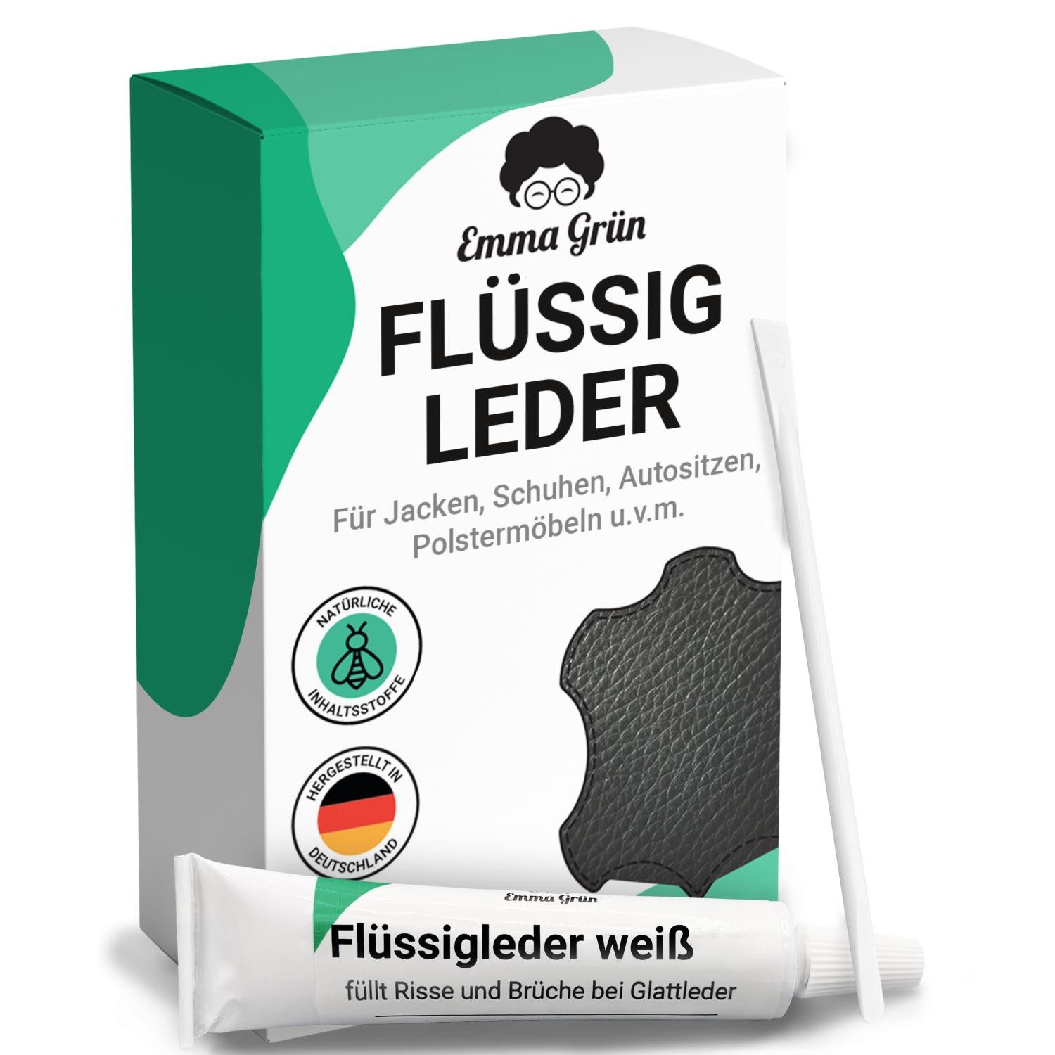 Emma Grün Reparatur-Set Flüssigleder Weiß 7 ml inkl. Spachtel, Set zum Füllen von Rissen & (Brand)Löchern, aus deutscher Manufaktur