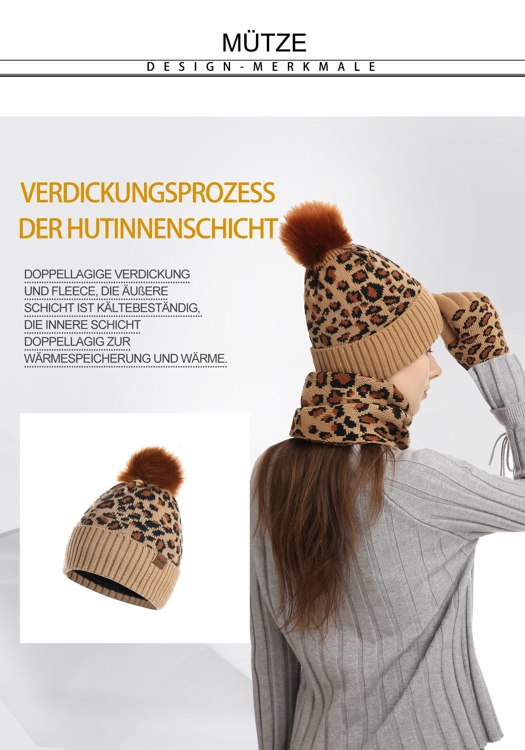 MAGICSHE Mütze Leopardenmuster & Schal Braun Handschuhe Schal Set