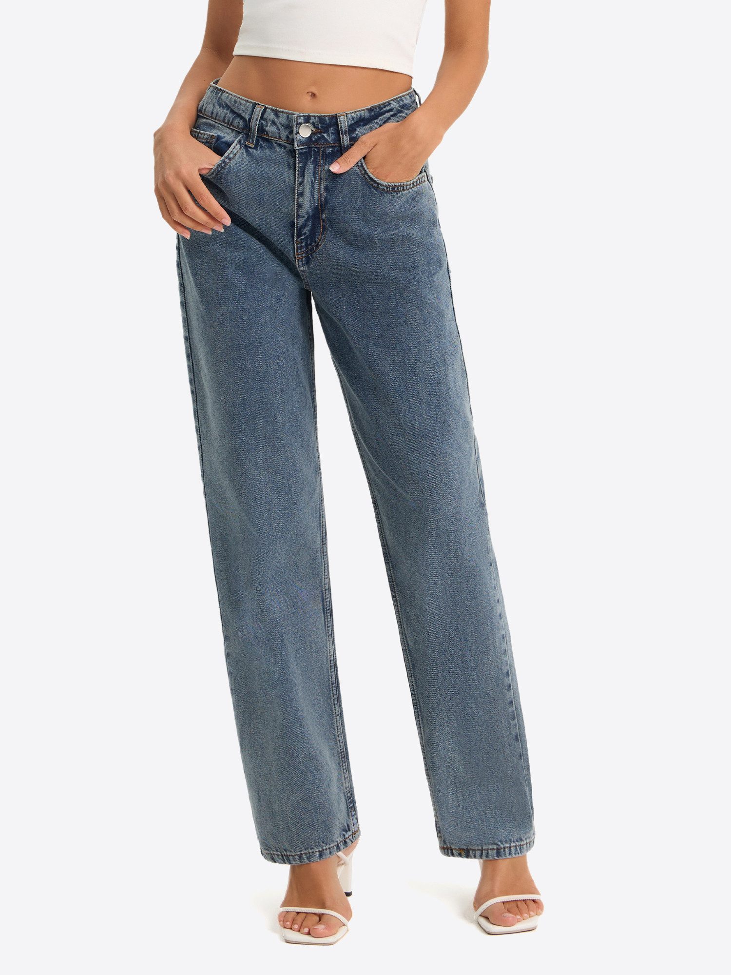 Imily Bela Gerade Jeans Damen Straight Fit Jeans im Five-Pocket Style (Packung, 1-tlg., 1per-Pack) mit Baumwolle