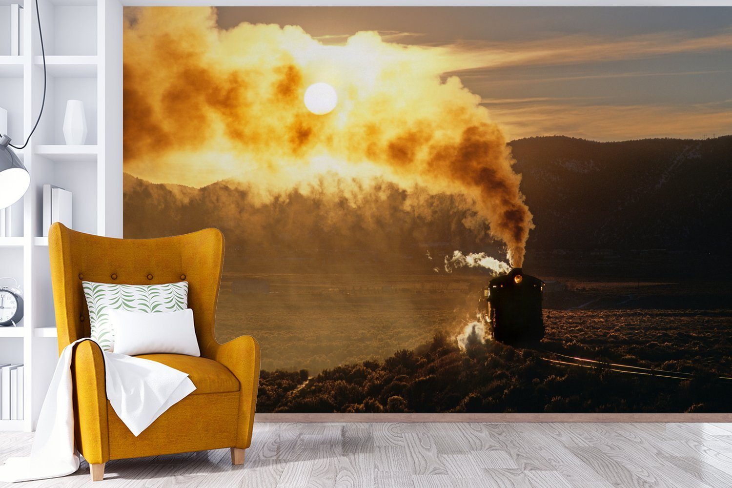 Ein MuchoWow Sonnenuntergang Tapete St), Wohnzimmer, bedruckt, der Dampflokomotive, für Matt, Wallpaper Schlafzimmer, (6 Kinderzimmer, hinter Fototapete Vinyl