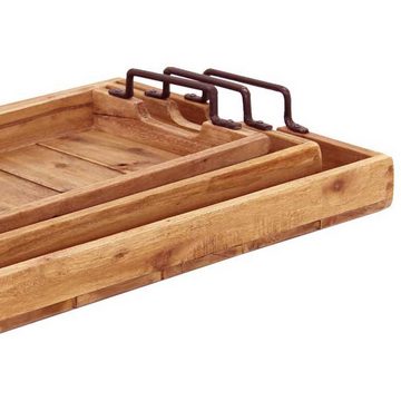 Casa Moro Dekotablett Teak Holz Tablett Gloria 3er Set mit Metall Griff Serviertablett (Betttablett rustikal Frühstückstablett in Landhaus Stil, 3 St), aus recyceltem Teak Holz gefertigt