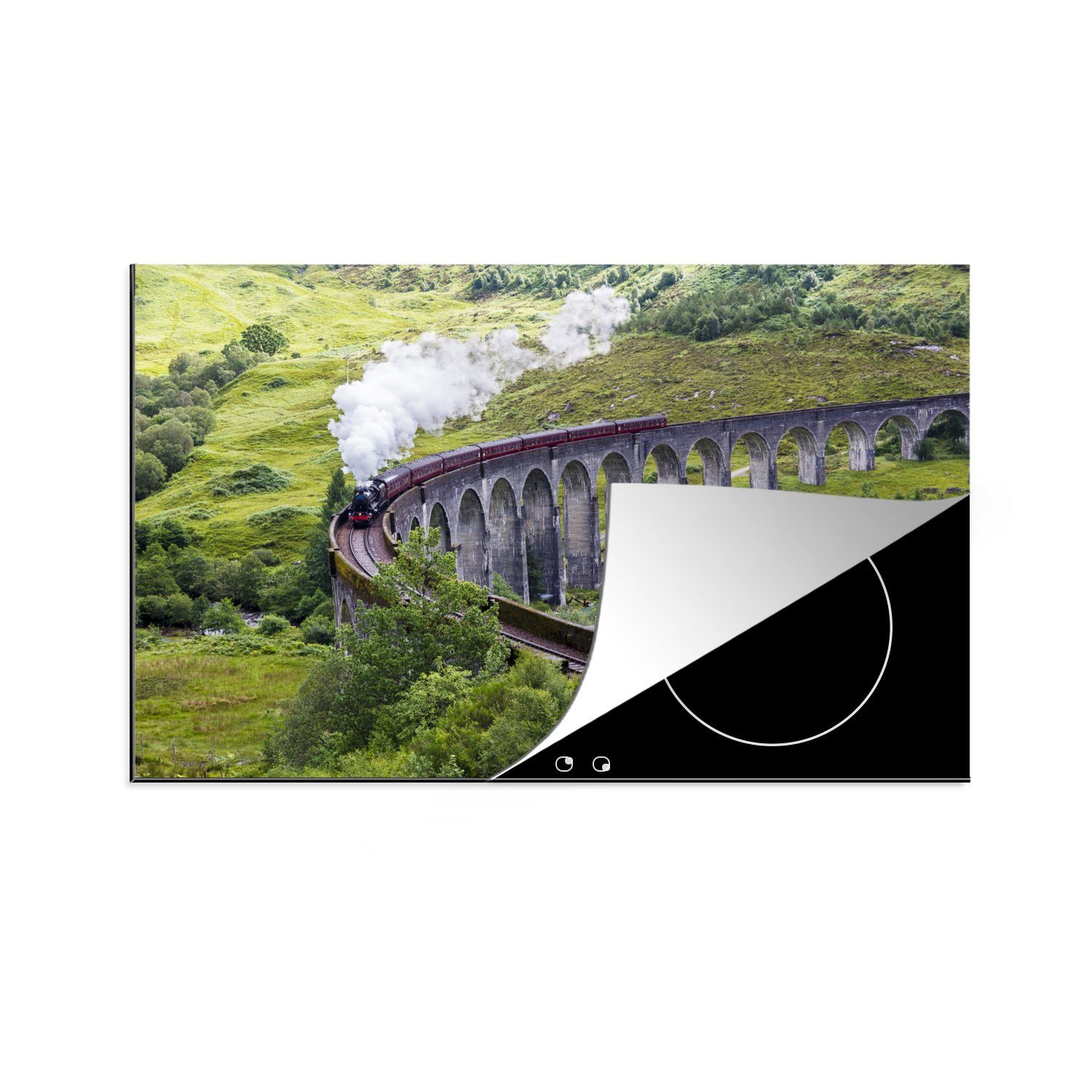 MuchoWow Herdblende-/Abdeckplatte Dampfzug inmitten der grünen Landschaft Schottlands, Vinyl, (1 tlg), 81x52 cm, Induktionskochfeld Schutz für die küche, Ceranfeldabdeckung