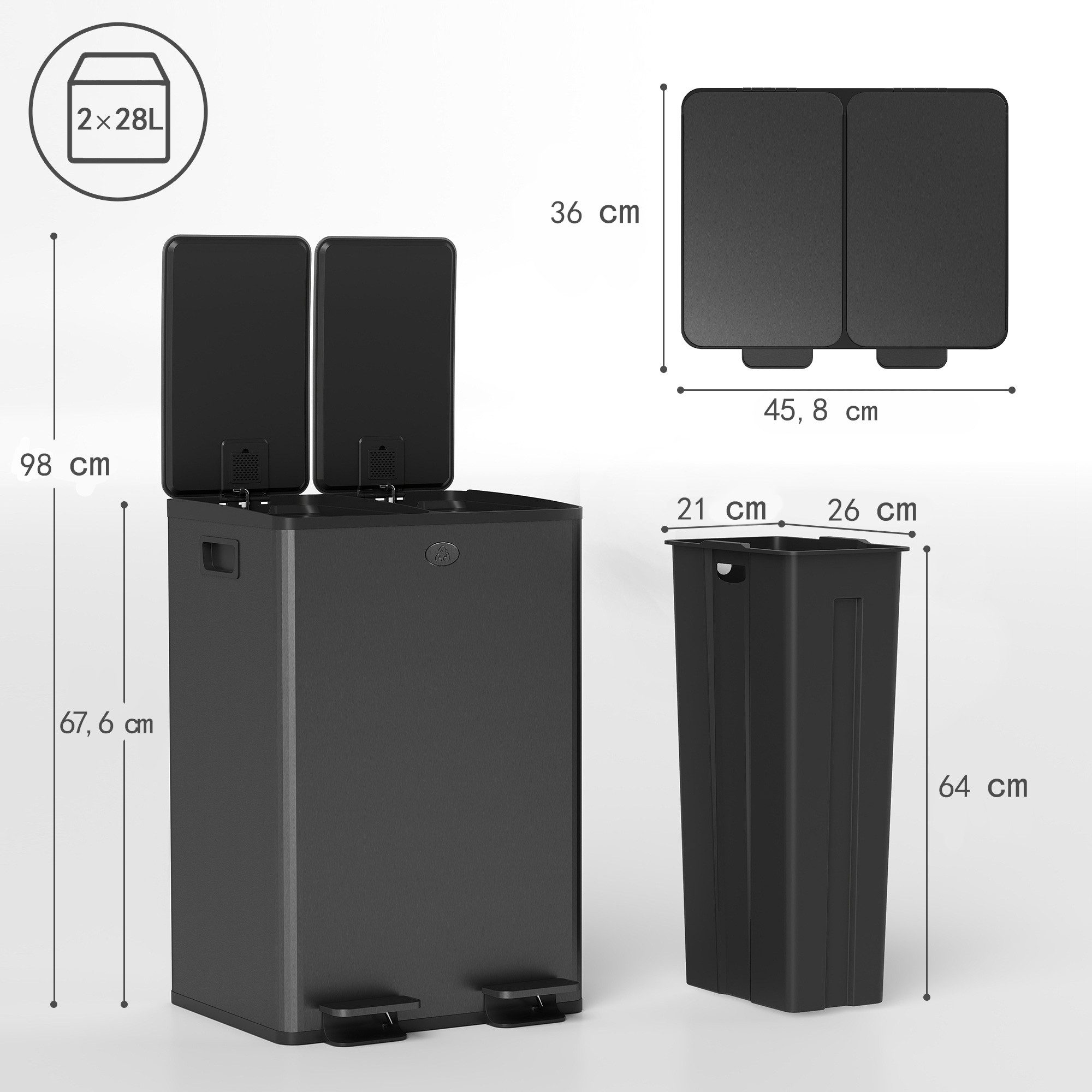 HOMCOM Mülltrennsystem Abfalleimer aus Edelstahl, 2x28 l, Soft-Close, Pedal, Deofach