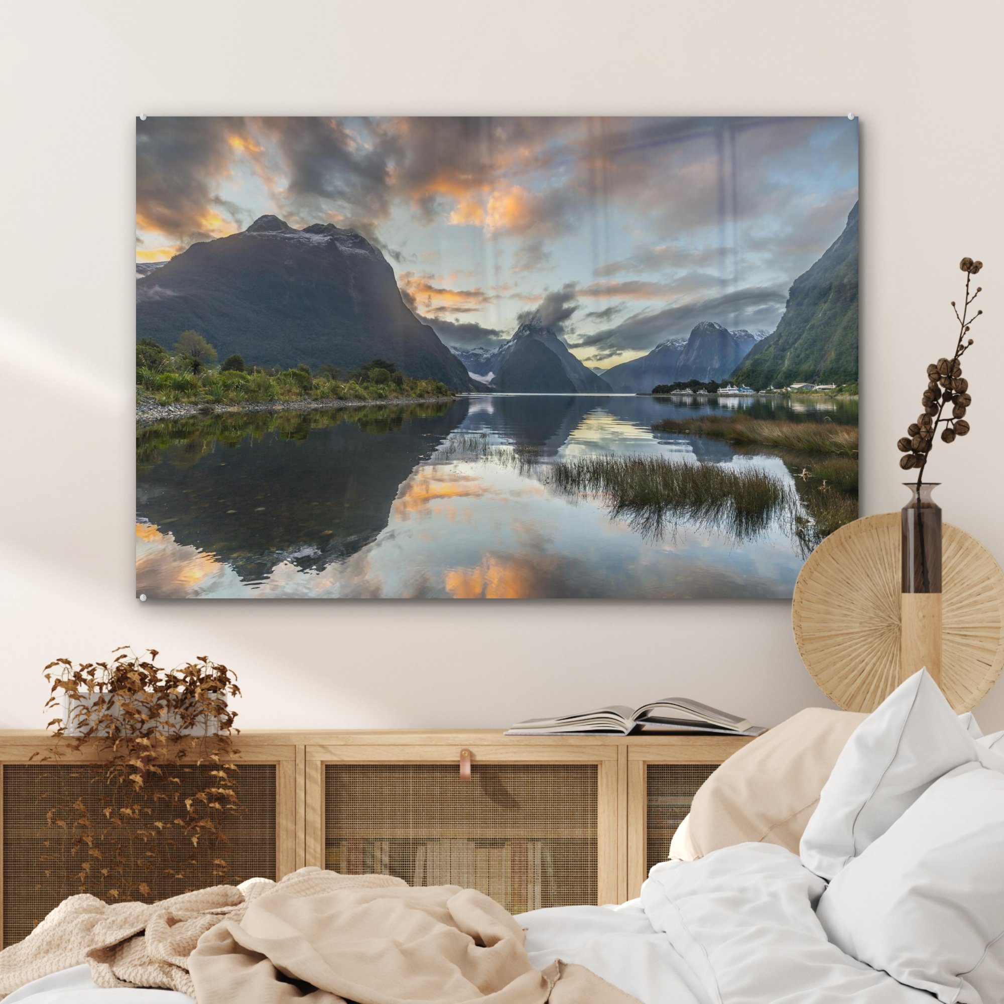 MuchoWow Acrylglasbild Sonnenuntergang über Wohnzimmer St), Neuseeland, Acrylglasbilder einem See Schlafzimmer in & (1