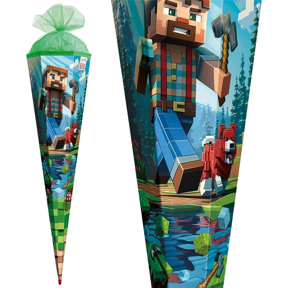 Roth Schultüte Block Game, 85cm, eckig, mit Rot(h)-Spitze, Tüllverschluss, Pixelwelt, Gamerdesign, Tüllverschluss, ROT(H)-Spitze, Schulstart