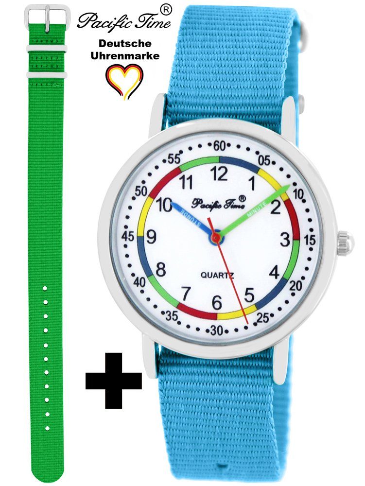 Pacific Time Quarzuhr Set Kinder Armbanduhr First Lernuhr Wechselarmband, Mix und Match Design - Gratis Versand grün und hellblau