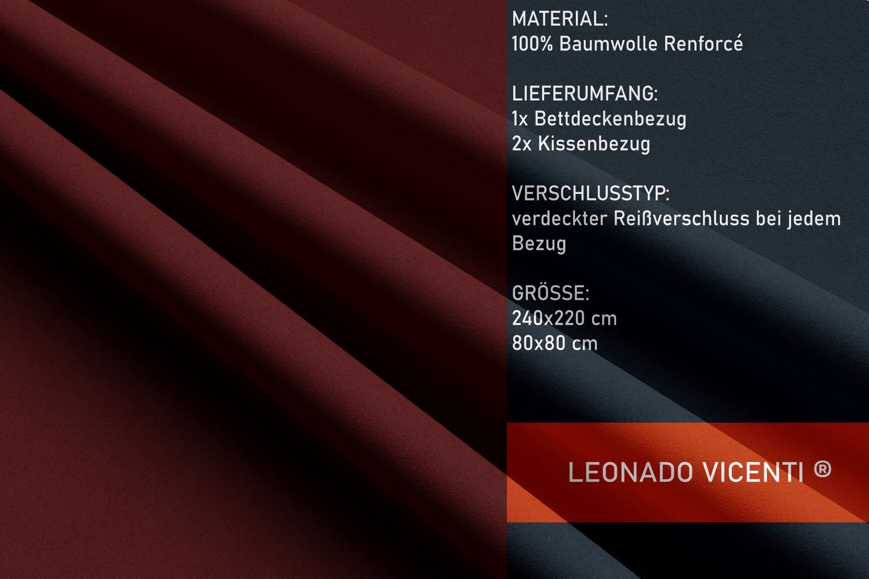 Leonado Vicenti Bettwäsche Baumwolle 135x200, 155x200, 155x220, 200x200, 200x220 oder 240x220, Renforcé, 3 teilig, Einfarbig mit Reißverschluss – Bild 4 von 5