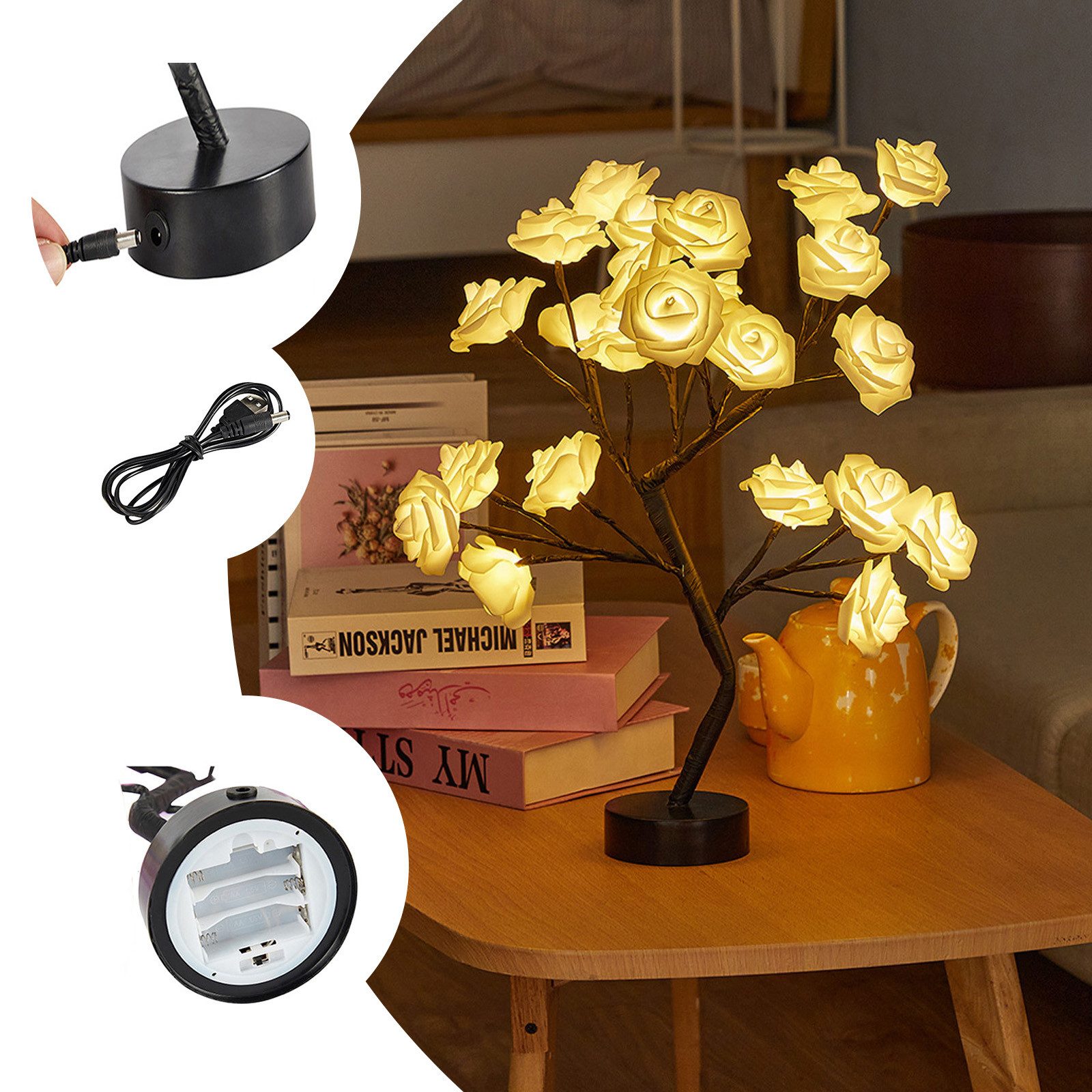 MUPOO LED Baum Rosenblütenbaum Licht für Tischplatte, LED-Tisch-Bonsai-Baum Lichtdekor, Weiße Rose, schwarze Basis, LED fest integriert, für Valentinstag,Zuhaus – Bild 3 von 5