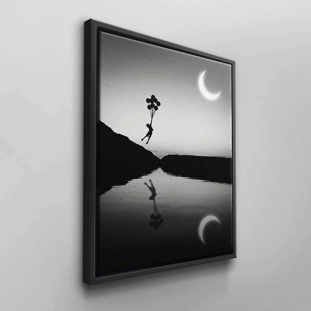 DOTCOMCANVAS® Leinwandbild Ballon Kid, Wandbild Kind Junge schwarzer schwarz wei Fluss Ballon fliegen Natur grau Mond Rahmen
