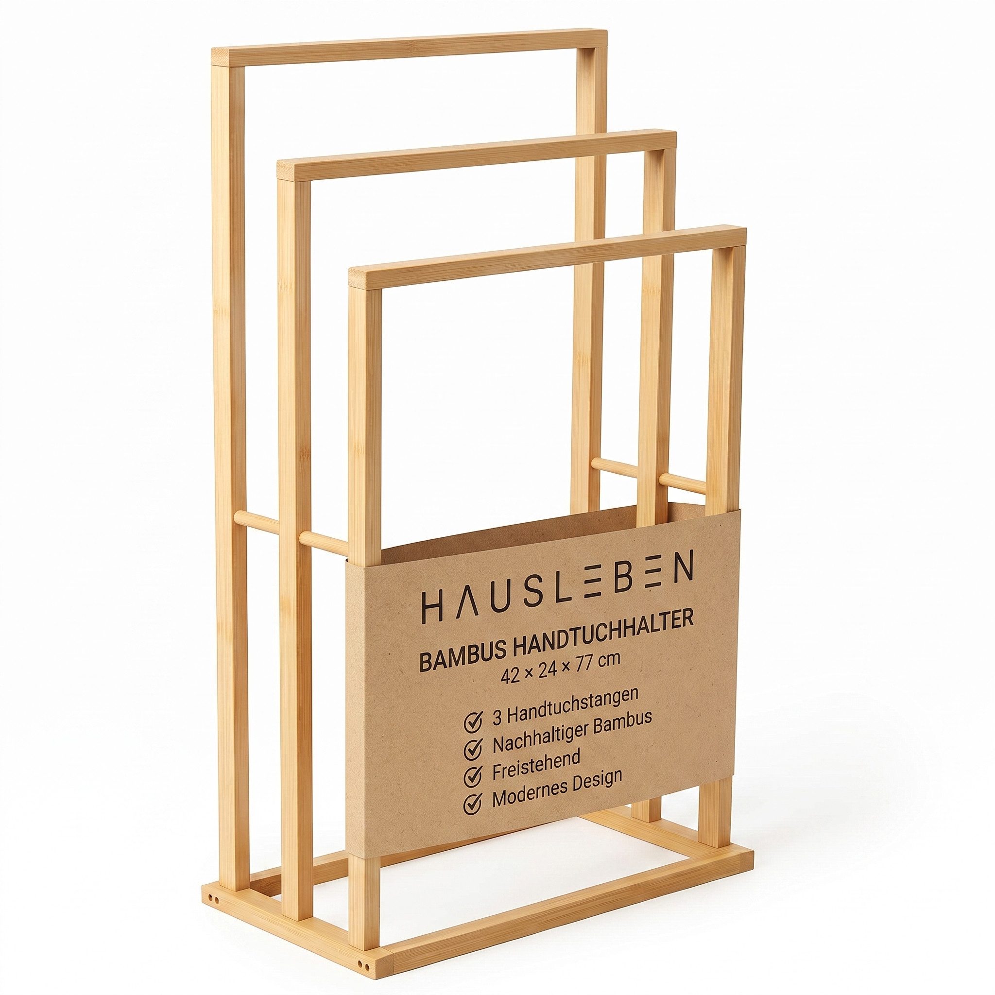 hausleben Handtuchhalter aus Bambus – 3 Handtuchstangen, Freistehend, 42×24×77 cm