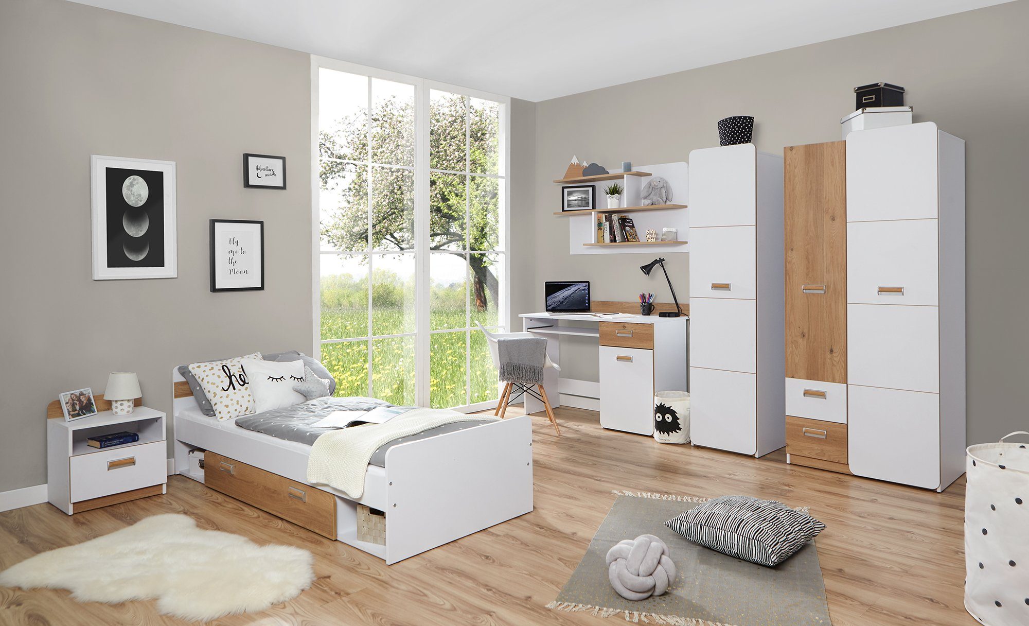 Ticaa Jugendzimmer-Set Lori, (Set, 6-tlg., Bett, Schrank, Schreibtisch, Standregal, Wandregal, Nachttisch), Bett + Schrank + Schreibtisch + Standregal + Wandregal + Nachttisch