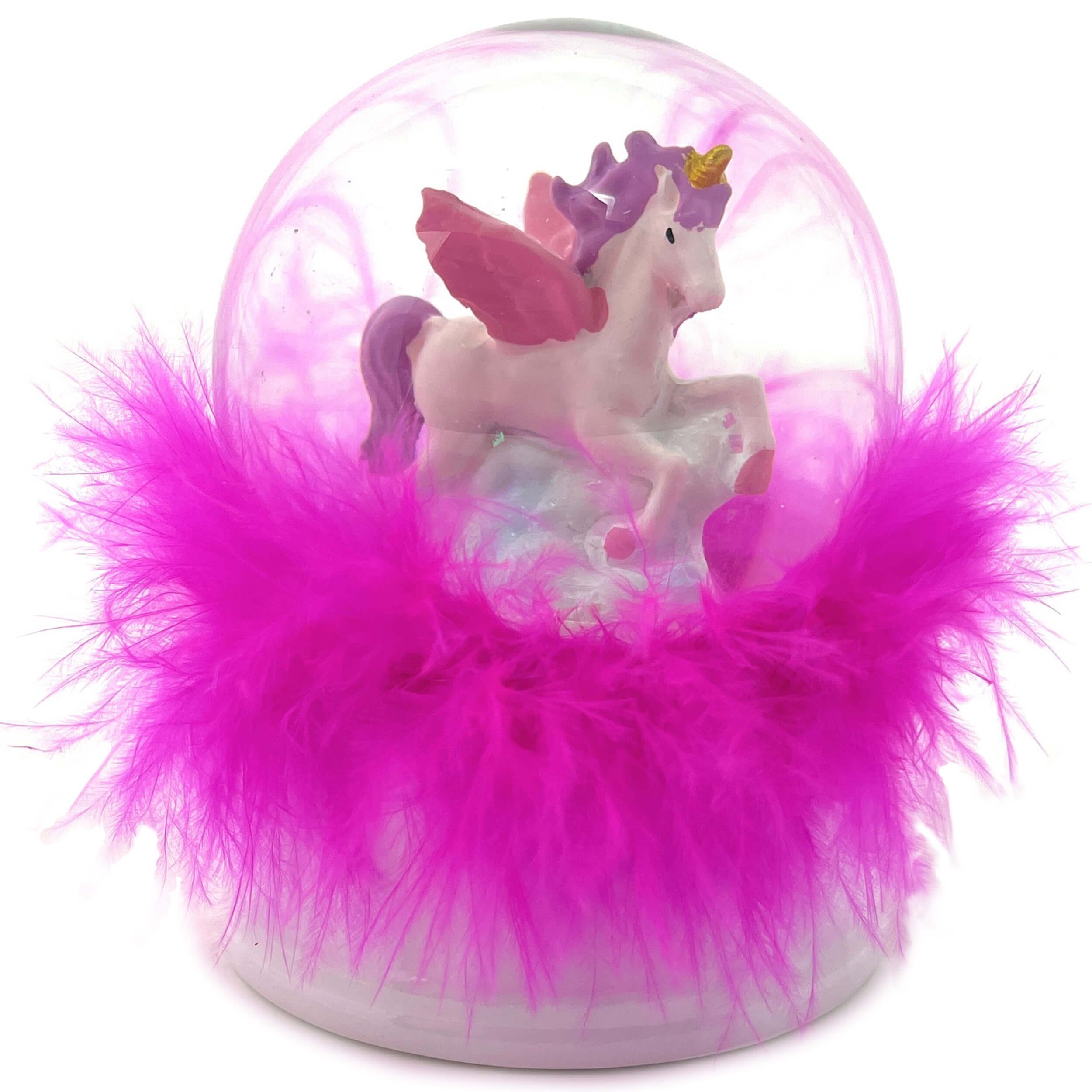 AMLI Schneekugel Schneekugel Einhorn mit Glitzer, Schüttelkugel aus Glas Unicorn Federn Licht