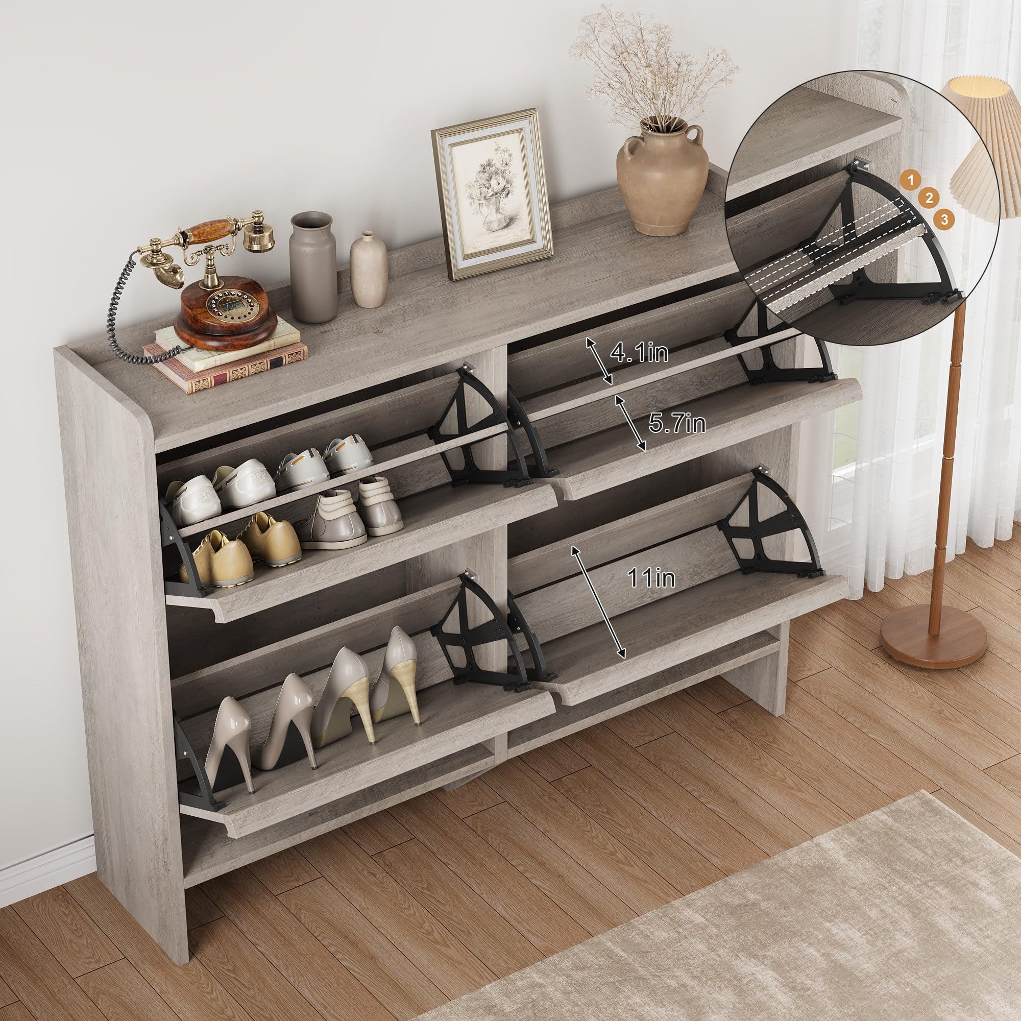 GarveeMore Schuhschrank mit 4 Klappen & Holzgriffe, Grau, 120 x 93 x 26 cm Minimalistischer Stil