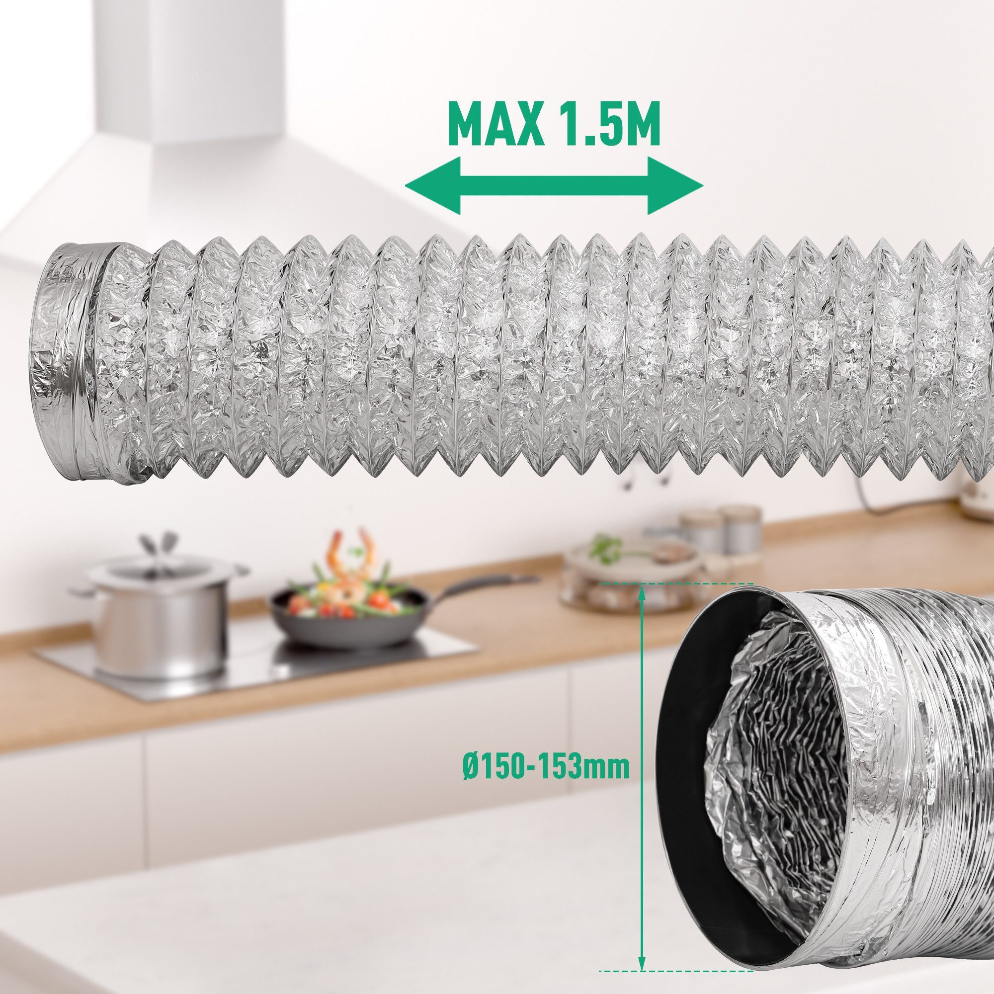 Levivo Flexrohr Aluminium-Abluftschlauch für alle Dunstabzugshauben, 1,5 m Ø150–153 mm