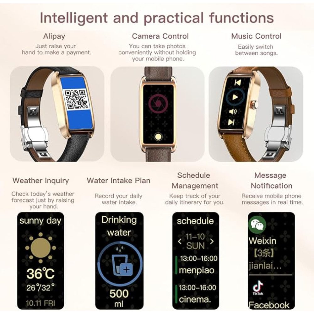 findtime Damen's Elegant Fitnesstracker IP68 Wasserdicht Sportuhr Smartwatch (1,13 Zoll, Android iOS), 1-tlg., mit Schrittzähler Schlafanalyse Menstruationszyklus Pulsuhr Damenuhr