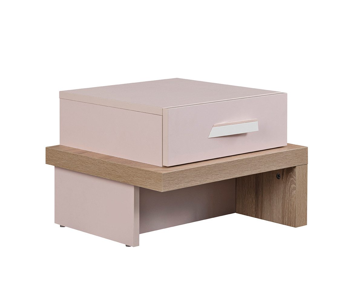 Möbel-Zeit Nachttisch CITY – Moderne Nachtkommode in Holzoptik & Rosa – 1 Schublade