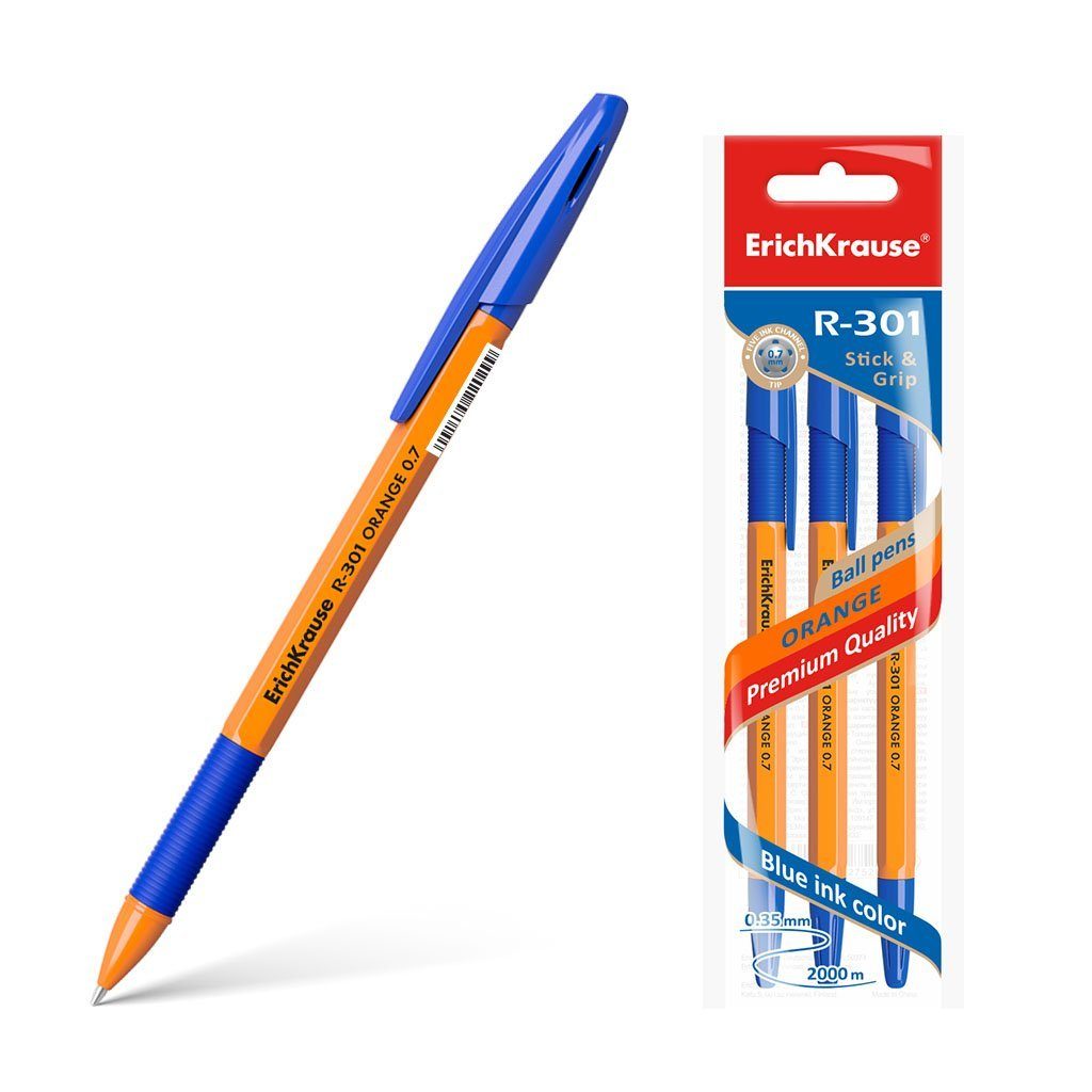 Erich Krause Kugelschreiber, Kugelschreiber R-301 Orange Stick 0.7 Gummigriff 3er Pack Tinte Blau