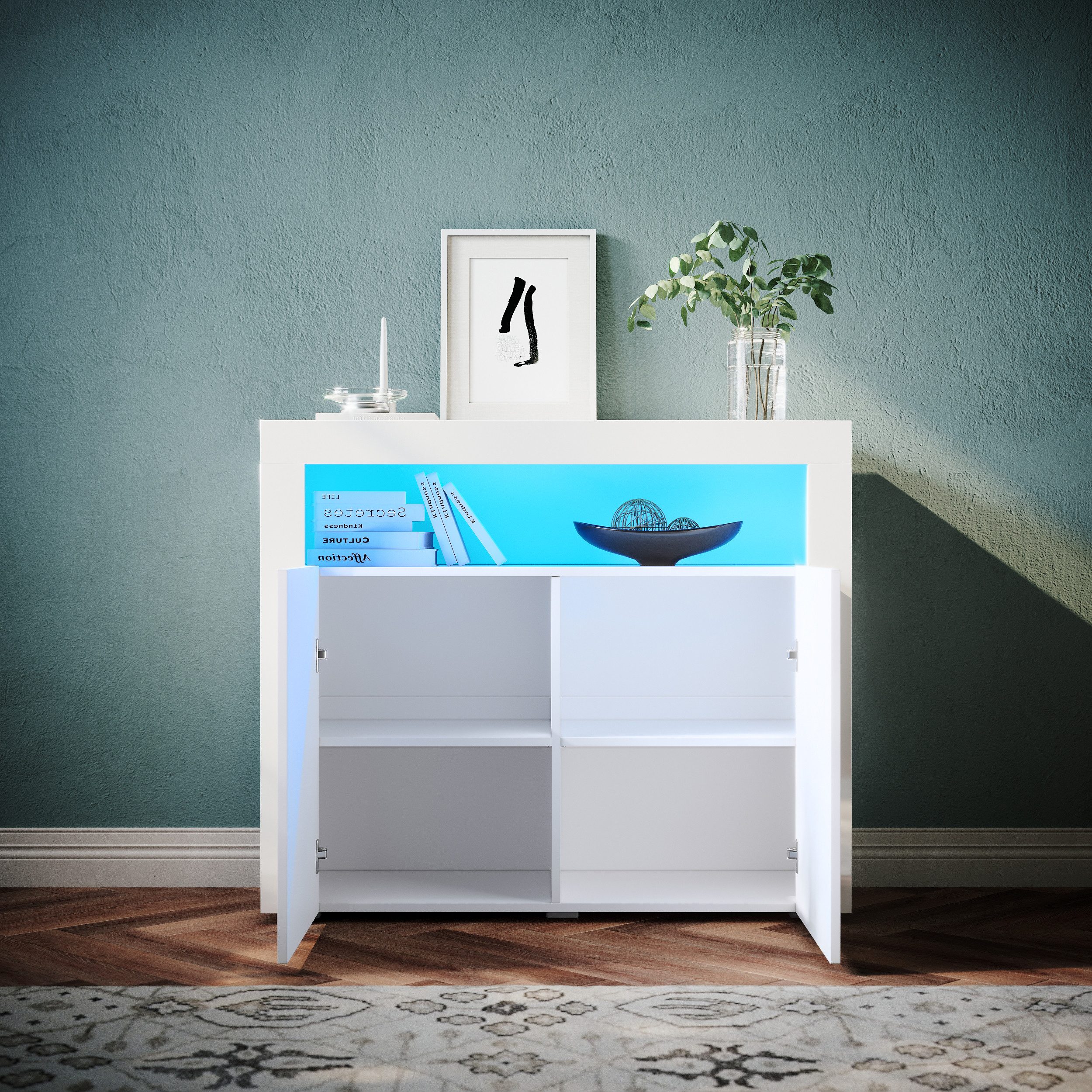 SONNI Highboard Sideboard mit LED Beleuchtung hochglanz Weiß Türkommode 108 günstig online kaufen