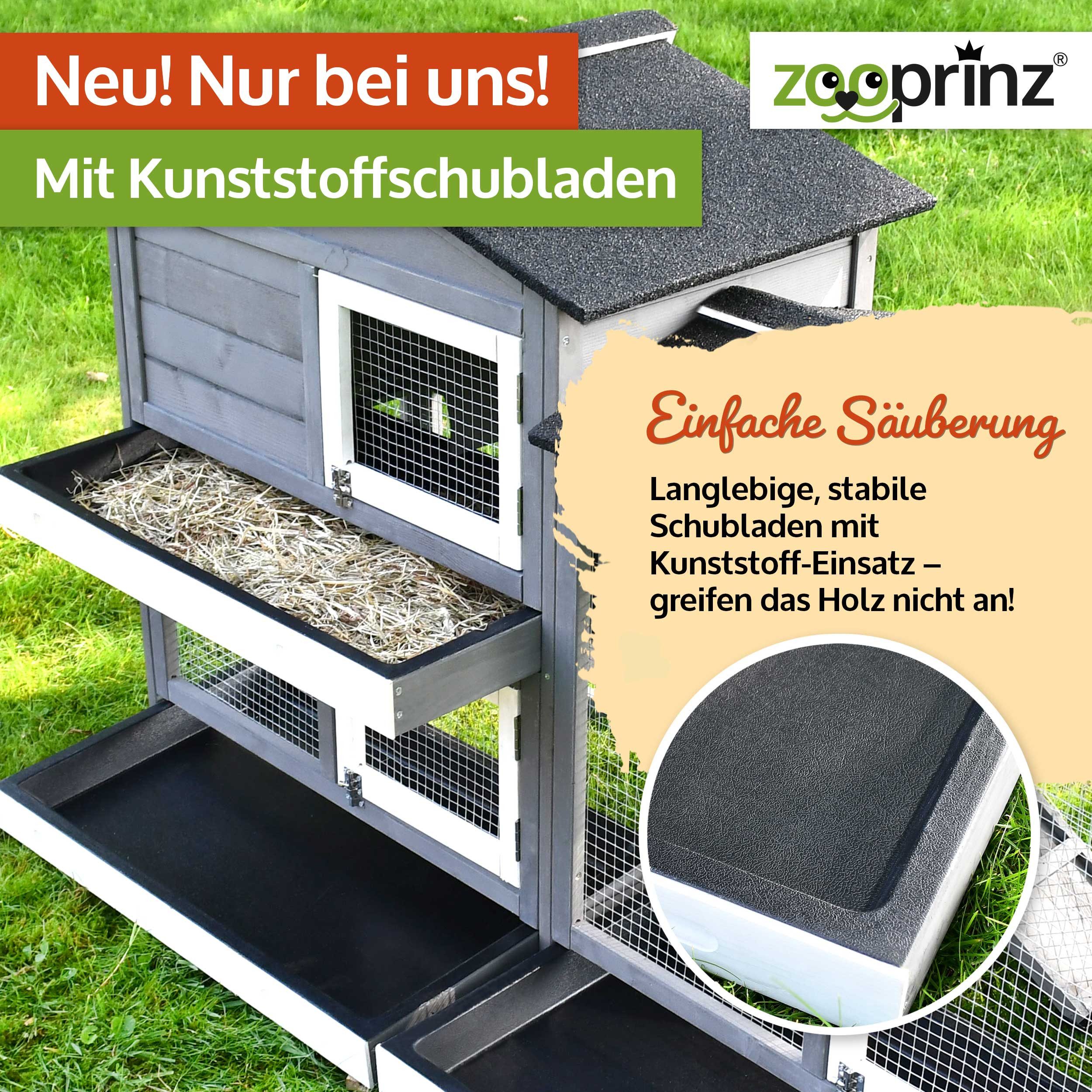 Zooprinz Kleintierstall Rudy mit Auslauf auf Stelzen 145x50x94 cm (BxHxT), Kunststoff Kotschubladen, Grau lasiertes Kiefernholz