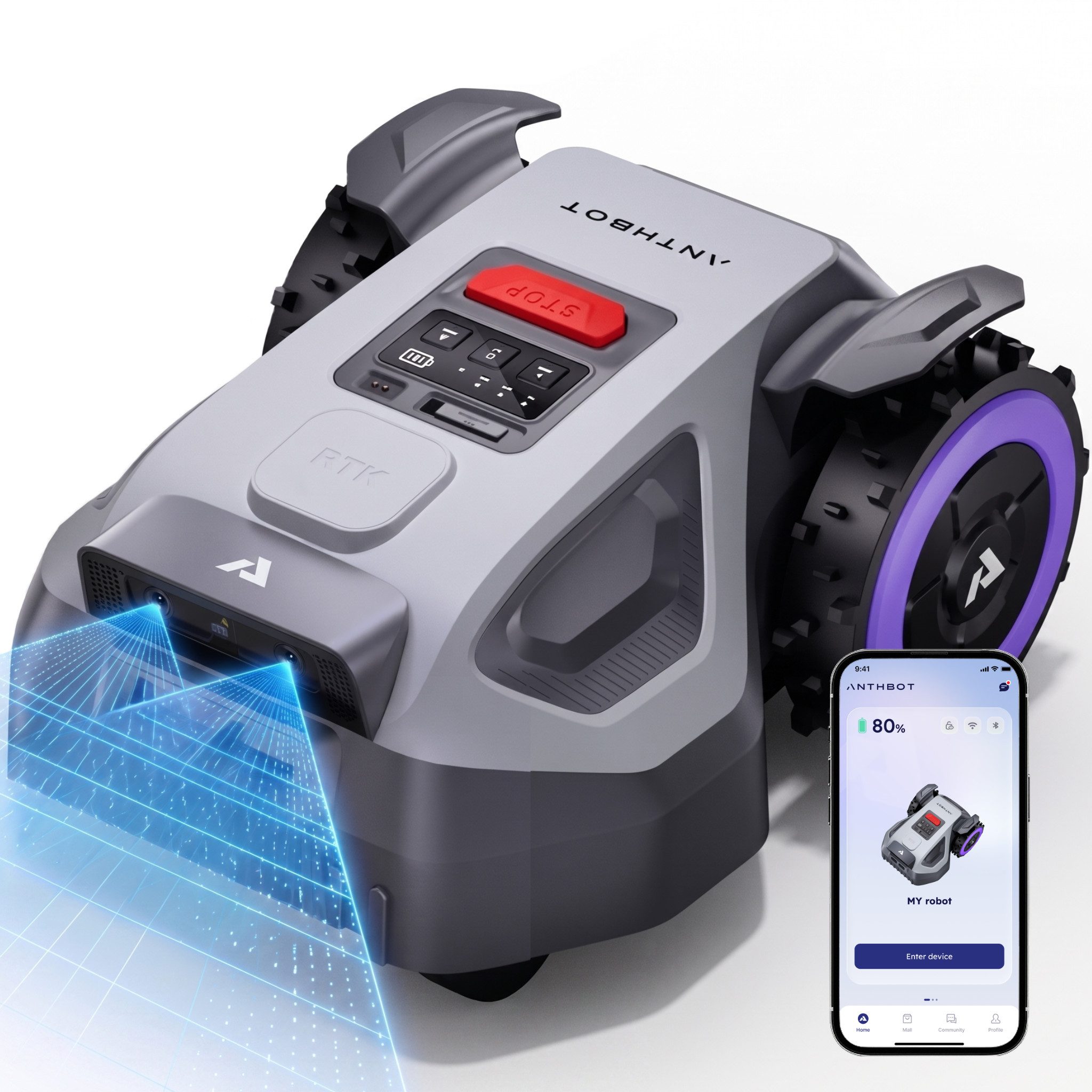 ANTHBOT Rasenmähroboter M5 Serie Ohne Begrenzungskabel mit RTK-Navigation & HDR-Dual-Vision, bis 700 m² Rasenfläche, (mit 4G-Modul, Schnitthöhe per App), Steigungen bis zu 45%, aktiver Tierschutz & KI-Hindernisvermeidung