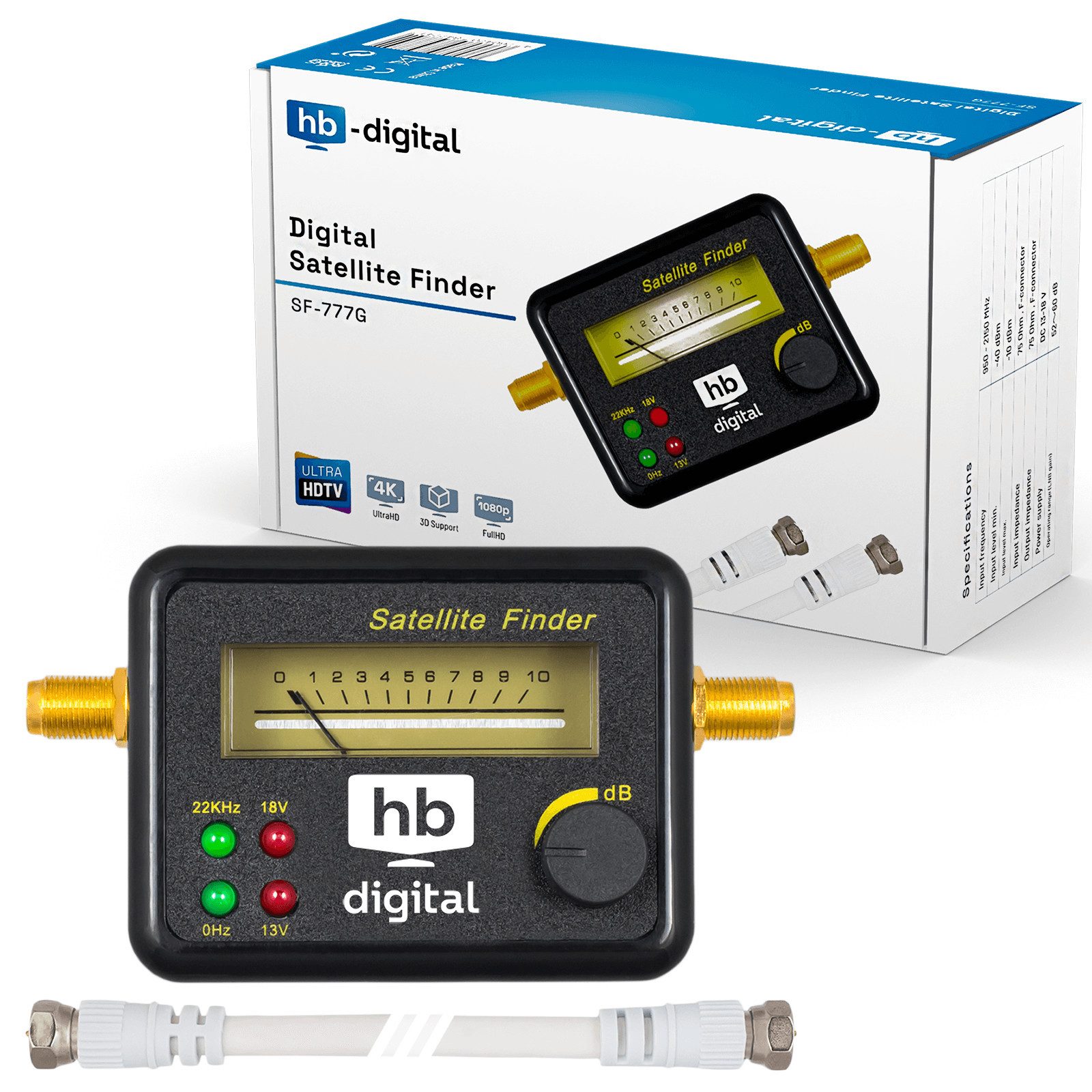 HB-DIGITAL Satfinder Analog SF-777G mit F-Kabel schwarz, Einfach per Anschlusskabel zwischen LNB und Receiver geschaltet.