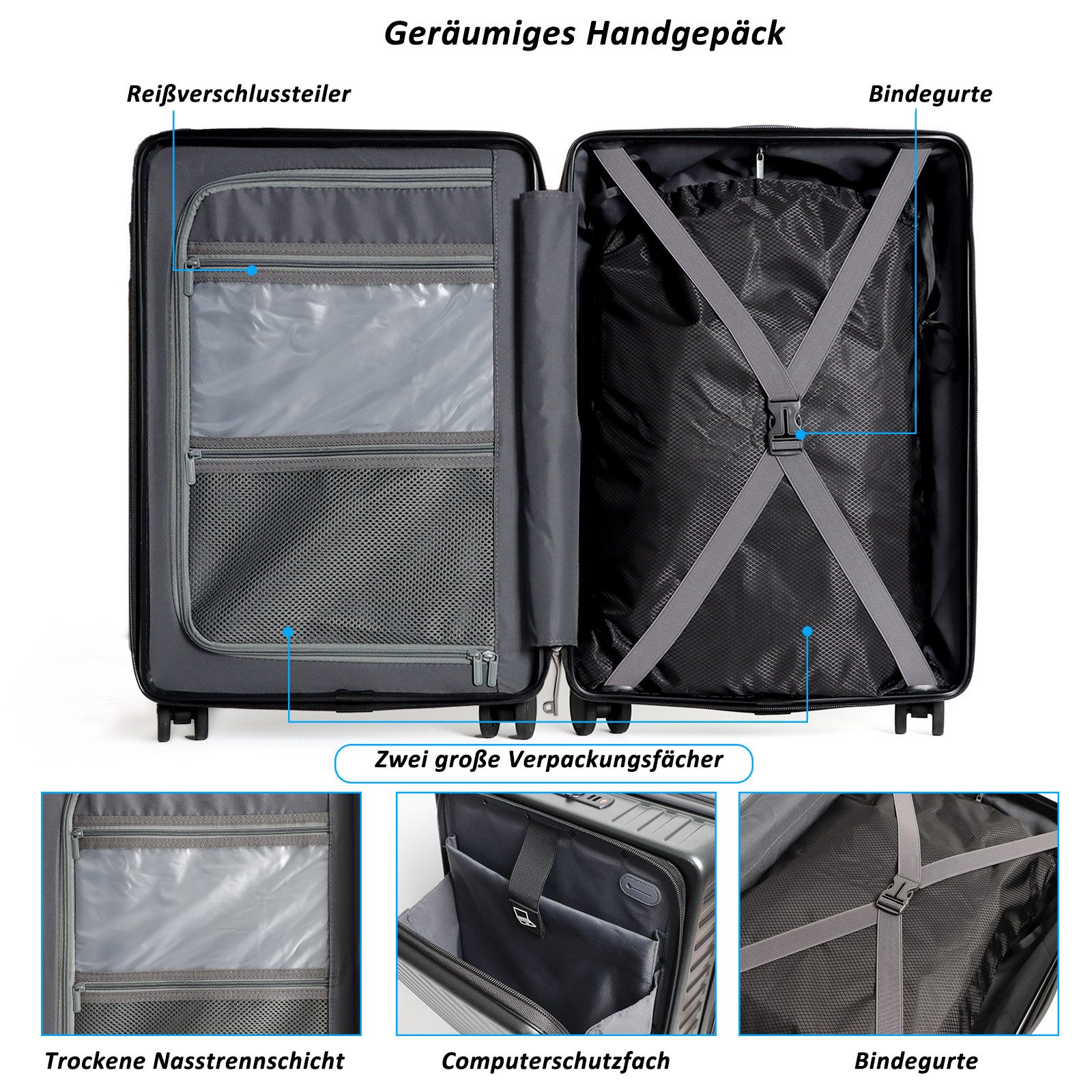 TAN.TOMI Business-Trolley Handgepäck mit Laptopfach & TSA-Schloss, 20”, Business Trolly, 4 Rollen, Reisekoffer Handgepäck Koffer, 55 cm, 36 L, Schwarz/Dunkelgrau